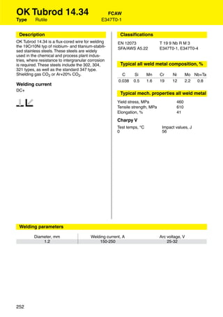 OK Tubrod 14.34                                  FCAW
Type      Rutile                               E347T0-1


 Description                                            Classiﬁcations
OK Tubrod 14.34 is a ﬂux-cored wire for welding        EN 12073                T 19 9 Nb R M 3
the 19Cr10Ni typ of niobium- and titanium-stabili-     SFA/AWS A5.22           E347T0-1, E347T0-4
sed stainless steels. These steels are widely
used in the chemical and process plant indus-
tries, where resistance to intergranular corrosion
is required. These steels include the 302, 304,         Typical all weld metal composition, %
321 types, as well as the standard 347 type.
Shielding gas CO2 or Ar+20% CO2.                         C     Si       Mn     Cr     Ni      Mo Nb+Ta
                                                       0.038   0.5      1.6    19     12      2.2 0.8
Welding current
DC+
                                                        Typical mech. properties all weld metal

12                                                     Yield stress, MPa
                                                       Tensile strength, MPa
                                                                                        460
                                                                                        610
                                                       Elongation, %                    41
                                                       Charpy V
                                                       Test temps, °C           Impact values, J
                                                       0                        56




                                                        Approvals




 Welding parameters

          Diameter, mm                   Welding current, A                    Arc voltage, V
              1.2                            150-250                               25-32




252
 