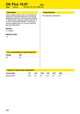 OK Flux 10.07                                 SAW
Type      Neutral          EN 760: SA CS 2 NiMo DC


 Description                                              Classiﬁcations
Neutral, agglomerated nickel and molybdenum              Not applicable classiﬁcation.
alloying ﬂux, specially designed for the overlay
welding of continuous cast rollers with OK Band
11.82 (EQ 430), producing a weld metal with 14
Cr-4 Ni-1 Mo and 370-420 HB. It can also be
used for cladding with a 17 Cr wire, producing
the same weld metal.

Density
≈1.0 kg/dm3

Basicity index
1.0




 Flux consumption as kg ﬂux/kg wire
Voltage             DC+
28                  0.5




 Typical all weld metal composition
Consumable                        %C       %Si     %Mn         %Cr       %Ni      %Mo    Other Ferrite
OK Band 430                      0.04      0.4     0.2        13.5      4.0       0.9




308
 