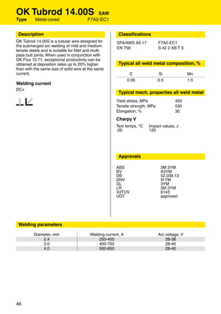OK Tubrod 14.00S                             SAW
Type      Metal-cored                    F7A2-EC1


 Description                                              Classiﬁcations
OK Tubrod 14.00S is a tubular wire designed for          SFA/AWS A5.17           F7A2-EC1
the submerged arc welding of mild and medium             EN 756                  S 42 2 AB T 3
tensile steels and is suitable for ﬁllet and multi-
pass butt joints. When used in conjunction with
OK Flux 10.71, exceptional productivity can be
obtained at deposition rates up to 20% higher             Typical all weld metal composition, %
than with the same size of solid wire at the same
current.                                                         C               Si               Mn
                                                                0.06             0.5              1.5
Welding current
DC+
                                                          Typical mech. properties all weld metal

12                                                       Yield stress, MPa
                                                         Tensile strength, MPa
                                                                                          450
                                                                                          530
                                                         Elongation, %                    30
                                                         Charpy V
                                                         Test temps, °C   Impact values, J
                                                         -20              120




                                                          Approvals

                                                         ABS                      3M 3YM
                                                         BV                       A3YM
                                                         DB                       52.039.13
                                                         DNV                      III YM
                                                         GL                       3YM
                                                         LR                       3M 3YM
                                                         VdTUV                    9143
                                                         UDT                      approved




 Welding parameters

          Diameter, mm                     Welding current, A                    Arc voltage, V
              2.4                              250-450                               28-38
              3.0                              400-700                               28-40
              4.0                              500-850                               28-40




46
 