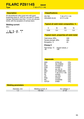 FILARC PZ6114S                                  SMAW
Type                                   T 46 4 P C 1 H5


 Description                                           Classiﬁcations
An all-positional rutile cored wire with good         EN 758                  T 46 4 P C 1 H5
toughness down to -40ºC for use with C1 shield-       SFA/AWS A5.20           E71T-1J H4
ing gas. Diameters less than 1.4 mm are all posi-
tional, with the exception of vertical down.

Welding current                                        Typical all weld metal composition, %
DC+
                                                          C            Si          Mn            Ni

12346
                                                         0.06          0.4         1.3           0.4


                                                       Typical mech. properties all weld metal
                                                      Yield stress, MPa                  539
                                                      Tensile strength, MPa              605
                                                      Elongation, %                      24
                                                      Charpy V
                                                      Test temps, °C    Impact values, J
                                                      -40               108




                                                       Approvals
                                                      ABS              4YSA H5             CO2
                                                      BV               SA 4YMHH            CO2
                                                      CCS              4Y40SH10            CO2
                                                      CRS              4YH5S               CO2
                                                      DB               42.105.15           CO2
                                                      DNV              IV Y40MS (H5)       CO2
                                                      DS               T 46 4 P C 1 H5     CO2
                                                      GL               4YH5S               CO2
                                                      LR               3S 3YS              CO2
                                                      PRS              4YH5S               CO2
                                                      RS               4Y42HHS             CO2
                                                      VdTÜV            07683               CO2

 Welding parameters

         Diameter, mm                   Welding current, A                    Arc voltage, V
             1.2                            150-350                               27-35




                                                                                                       55
 