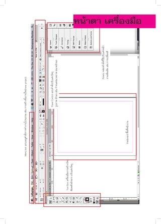 Tool Box เครื่องมือการสร้างวัตถุ
พิมพตัวอักษาร ปรับแต่งวัตถุ

Pastboard พื้นที่หน้างาน

Panels กล่องคำาสั่งที่ใช้ปรับแต่งหน้า
งานเพิ่มเติม เช่น การเปลี่ยนสี

Panel Control แถบคำาสั่งปรับแต่งวัตถุ
รูปภาพ อักษร เช่น กำาหนดขนาดภาพ ขนาดอักษร

Menu bar แถบเมนูคำาสั่งการทำางานโปรแกรม เช่น การสร้างชิ้นงานใหม่(new project)

หน้าตา เครื่องมือ

 