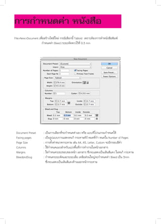 การกำ�หนดค่า หนังสือ
File>New>Document เพื่อสร้างไฟล์ใหม่ กรณีเลือกนี้ Tabloid เพราะต้องการทำ�หนังสือพิมพ์
			
กำ�หนดค่า Bleed (ระยะตัดตก)ไว้ที่ 0.3 mm

Document Preset 	
Facing pages 		
Page Size 		
Columns 		
Margins 		
BleedandSlug		
			

: เป็นการเลือกที่จะกำ�หนดค่าเอง หรือ แบบท่ีโปรแกรมกำ�หนดให้
: เป็นรูปแบบการแสดงหนา้ กระดาษท้งั หมดที่กำ� หนดใน Number of Pages
: การตั้งค่าขนาดกระดาษ เช่น A4, A5, Letter, Custom จะมีกรอบสีดำ�
: ใช้กำ�หนดแนวสำ�หรับแบ่งพื้นที่การทำ�งานในหน้าเอกสาร
: ใชกำ�หนดระยะขอบของหน้า เอกสาร ซ่ึงจะแสดงเป็นเส้นสีแดง ในหนา้ กระดาษ
: กำ�หนดระยะตัดและระยะเผื่อ เหลือส่วนใหญ่จะกำ�หนดค่า Bleed เป็น 3mm
ซ่ึ่งจะแสดงเป็นเส้นสีแดงด้านนอกหน้ากระดาษ

	

 