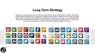18
Long Term Strategy
Chatbots are comparatively new and it will be sometime before they see mass adoption. However unlike apps,
chatbots require a significant time investment to understand the customer’s intentions and to be able to promptly
cater to them. If you plan to keep ahead of your competition it’s key that you start now - as any business when
starting to implement chatbots needs time to build the right use cases for their target customers, create proper
conversational architecture, and refine their overall marketing strategy for the same.
 
