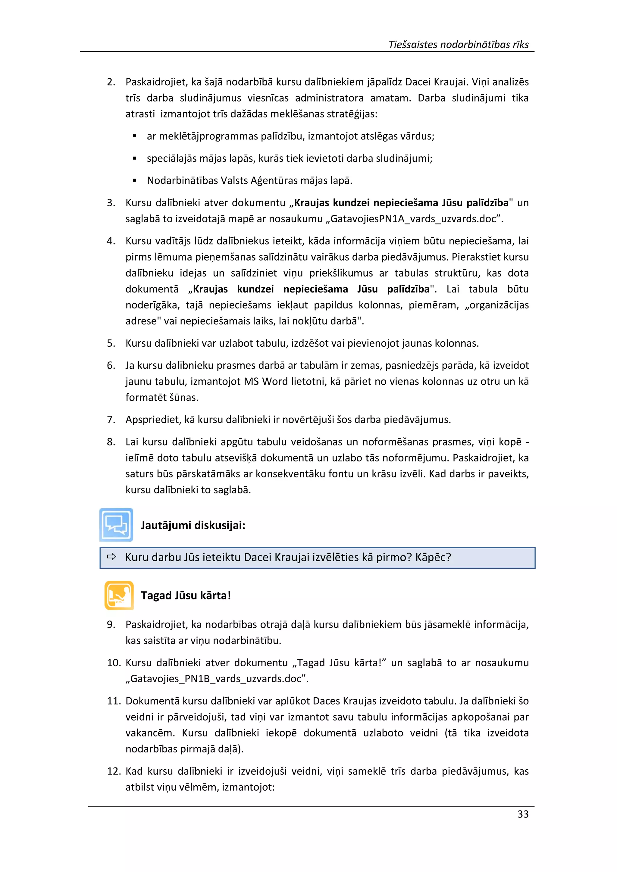 Tiešsaistes nodarbinātības rīks
33
2. Paskaidrojiet, ka šajā nodarbībā kursu dalībniekiem jāpalīdz Dacei Kraujai. Viņi analizēs
trīs darba sludinājumus viesnīcas administratora amatam. Darba sludinājumi tika
atrasti izmantojot trīs dažādas meklēšanas stratēģijas:
 ar meklētājprogrammas palīdzību, izmantojot atslēgas vārdus;
 speciālajās mājas lapās, kurās tiek ievietoti darba sludinājumi;
 Nodarbinātības Valsts Aģentūras mājas lapā.
3. Kursu dalībnieki atver dokumentu „Kraujas kundzei nepieciešama Jūsu palīdzība" un
saglabā to izveidotajā mapē ar nosaukumu „GatavojiesPN1A_vards_uzvards.doc”.
4. Kursu vadītājs lūdz dalībniekus ieteikt, kāda informācija viņiem būtu nepieciešama, lai
pirms lēmuma pieņemšanas salīdzinātu vairākus darba piedāvājumus. Pierakstiet kursu
dalībnieku idejas un salīdziniet viņu priekšlikumus ar tabulas struktūru, kas dota
dokumentā „Kraujas kundzei nepieciešama Jūsu palīdzība". Lai tabula būtu
noderīgāka, tajā nepieciešams iekļaut papildus kolonnas, piemēram, „organizācijas
adrese" vai nepieciešamais laiks, lai nokļūtu darbā".
5. Kursu dalībnieki var uzlabot tabulu, izdzēšot vai pievienojot jaunas kolonnas.
6. Ja kursu dalībnieku prasmes darbā ar tabulām ir zemas, pasniedzējs parāda, kā izveidot
jaunu tabulu, izmantojot MS Word lietotni, kā pāriet no vienas kolonnas uz otru un kā
formatēt šūnas.
7. Apspriediet, kā kursu dalībnieki ir novērtējuši šos darba piedāvājumus.
8. Lai kursu dalībnieki apgūtu tabulu veidošanas un noformēšanas prasmes, viņi kopē -
ielīmē doto tabulu atsevišķā dokumentā un uzlabo tās noformējumu. Paskaidrojiet, ka
saturs būs pārskatāmāks ar konsekventāku fontu un krāsu izvēli. Kad darbs ir paveikts,
kursu dalībnieki to saglabā.
Jautājumi diskusijai:
 Kuru darbu Jūs ieteiktu Dacei Kraujai izvēlēties kā pirmo? Kāpēc?
Tagad Jūsu kārta!
9. Paskaidrojiet, ka nodarbības otrajā daļā kursu dalībniekiem būs jāsameklē informācija,
kas saistīta ar viņu nodarbinātību.
10. Kursu dalībnieki atver dokumentu „Tagad Jūsu kārta!” un saglabā to ar nosaukumu
„Gatavojies_PN1B_vards_uzvards.doc”.
11. Dokumentā kursu dalībnieki var aplūkot Daces Kraujas izveidoto tabulu. Ja dalībnieki šo
veidni ir pārveidojuši, tad viņi var izmantot savu tabulu informācijas apkopošanai par
vakancēm. Kursu dalībnieki iekopē dokumentā uzlaboto veidni (tā tika izveidota
nodarbības pirmajā daļā).
12. Kad kursu dalībnieki ir izveidojuši veidni, viņi sameklē trīs darba piedāvājumus, kas
atbilst viņu vēlmēm, izmantojot:
 