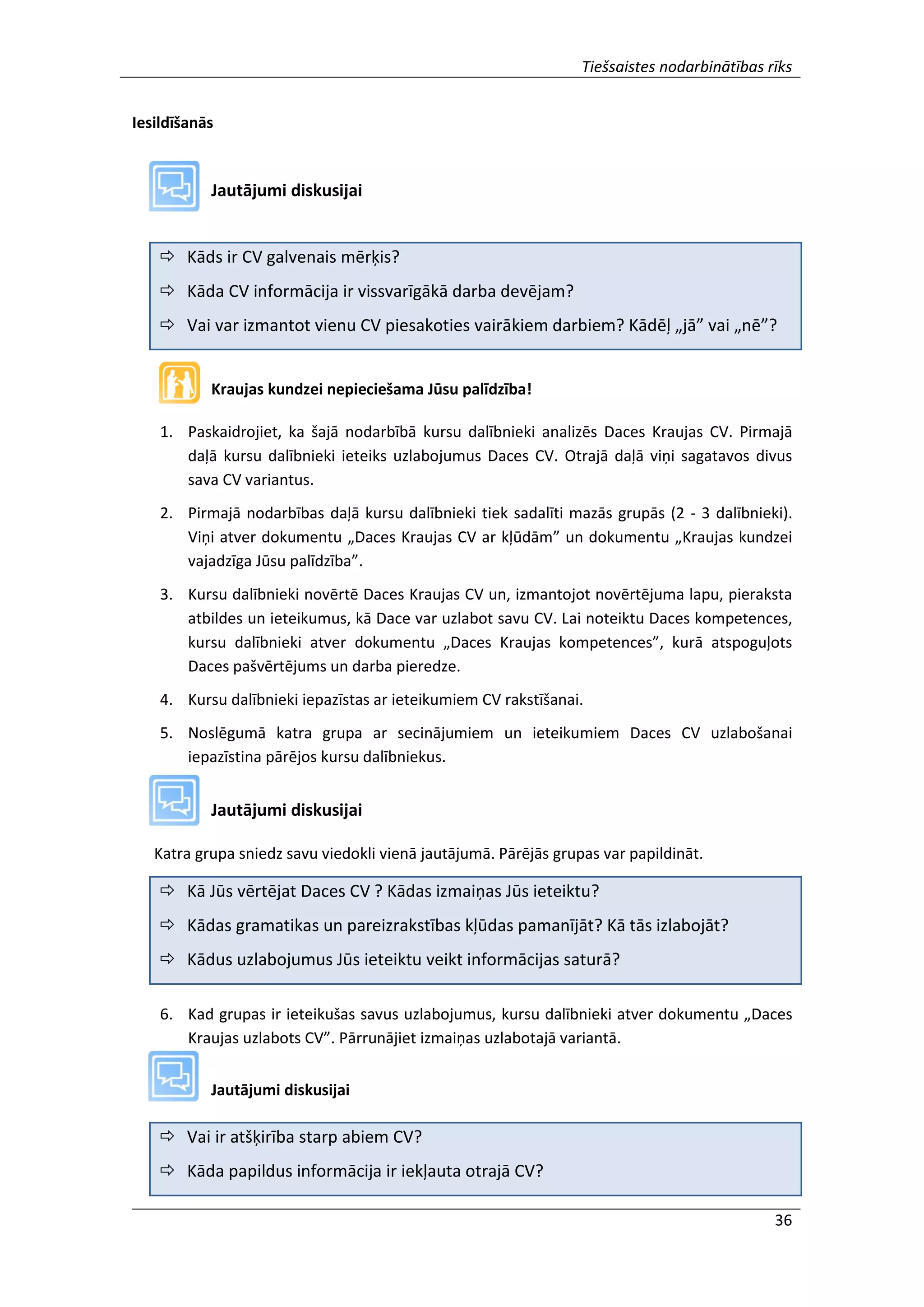 Tiešsaistes nodarbinātības rīks
36
Iesildīšanās
Jautājumi diskusijai
 Kāds ir CV galvenais mērķis?
 Kāda CV informācija ir vissvarīgākā darba devējam?
 Vai var izmantot vienu CV piesakoties vairākiem darbiem? Kādēļ „jā” vai „nē”?
Kraujas kundzei nepieciešama Jūsu palīdzība!
1. Paskaidrojiet, ka šajā nodarbībā kursu dalībnieki analizēs Daces Kraujas CV. Pirmajā
daļā kursu dalībnieki ieteiks uzlabojumus Daces CV. Otrajā daļā viņi sagatavos divus
sava CV variantus.
2. Pirmajā nodarbības daļā kursu dalībnieki tiek sadalīti mazās grupās (2 - 3 dalībnieki).
Viņi atver dokumentu „Daces Kraujas CV ar kļūdām” un dokumentu „Kraujas kundzei
vajadzīga Jūsu palīdzība”.
3. Kursu dalībnieki novērtē Daces Kraujas CV un, izmantojot novērtējuma lapu, pieraksta
atbildes un ieteikumus, kā Dace var uzlabot savu CV. Lai noteiktu Daces kompetences,
kursu dalībnieki atver dokumentu „Daces Kraujas kompetences”, kurā atspoguļots
Daces pašvērtējums un darba pieredze.
4. Kursu dalībnieki iepazīstas ar ieteikumiem CV rakstīšanai.
5. Noslēgumā katra grupa ar secinājumiem un ieteikumiem Daces CV uzlabošanai
iepazīstina pārējos kursu dalībniekus.
Jautājumi diskusijai
Katra grupa sniedz savu viedokli vienā jautājumā. Pārējās grupas var papildināt.
 Kā Jūs vērtējat Daces CV ? Kādas izmaiņas Jūs ieteiktu?
 Kādas gramatikas un pareizrakstības kļūdas pamanījāt? Kā tās izlabojāt?
 Kādus uzlabojumus Jūs ieteiktu veikt informācijas saturā?
6. Kad grupas ir ieteikušas savus uzlabojumus, kursu dalībnieki atver dokumentu „Daces
Kraujas uzlabots CV”. Pārrunājiet izmaiņas uzlabotajā variantā.
Jautājumi diskusijai
 Vai ir atšķirība starp abiem CV?
 Kāda papildus informācija ir iekļauta otrajā CV?
 