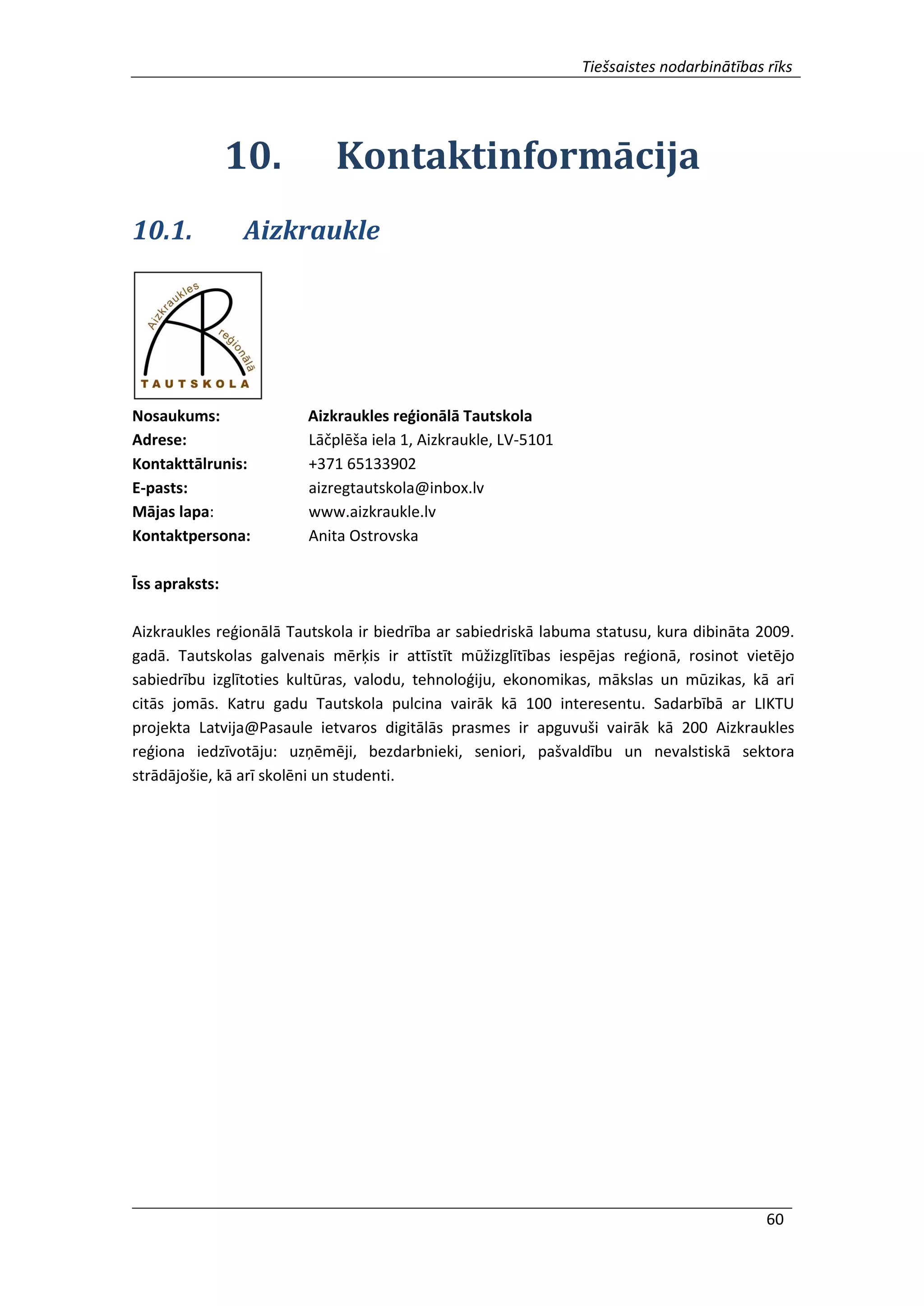 Tiešsaistes nodarbinātības rīks
60
10. Kontaktinformācija
10.1. Aizkraukle
Nosaukums: Aizkraukles reģionālā Tautskola
Adrese: Lāčplēša iela 1, Aizkraukle, LV-5101
Kontakttālrunis: +371 65133902
E-pasts: aizregtautskola@inbox.lv
Mājas lapa: www.aizkraukle.lv
Kontaktpersona: Anita Ostrovska
Īss apraksts:
Aizkraukles reģionālā Tautskola ir biedrība ar sabiedriskā labuma statusu, kura dibināta 2009.
gadā. Tautskolas galvenais mērķis ir attīstīt mūžizglītības iespējas reģionā, rosinot vietējo
sabiedrību izglītoties kultūras, valodu, tehnoloģiju, ekonomikas, mākslas un mūzikas, kā arī
citās jomās. Katru gadu Tautskola pulcina vairāk kā 100 interesentu. Sadarbībā ar LIKTU
projekta Latvija@Pasaule ietvaros digitālās prasmes ir apguvuši vairāk kā 200 Aizkraukles
reģiona iedzīvotāju: uzņēmēji, bezdarbnieki, seniori, pašvaldību un nevalstiskā sektora
strādājošie, kā arī skolēni un studenti.
 