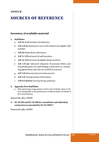 INSURANCE BENEFITS129 ANNEXES129Handbook for Action, In Cases of Death in Service
Annex II
Sources of reference
Inventory of available material
1.  Staff Rules
a.	 S.R 1.6: Staff members beneficiaries
b.	 S.R 3.18 (i): Payment in case of the death of an eligible staff
member
c.	 S.R 3.6: Dependency allowances
d.	 S.R 7.1: Official travel of staff members
e.	 S.R 7.2: Official travel of eligible family members
f.	 S.R 7.15 (j): Advanced shipment of personal effects and
household goods for staff holding a fixed-term or continu-
ing appointment and who are entitled to removal
g.	 S.R 7.16: Removal and non-removal costs
h.	 S.R 7.18: Transportation of decedents
i.	 S.R 9.11 (a)(vii): Last day for pay purposes
2. Appendix D to Staff Rules
a.	 Rules governing compensation in the event of death, injury or ill-
ness attributable to the performance of official duties on behalf of
the United Nations
Responsible office: OHRM
3. ST/AI/295 and ST/AI/296 for consultants and individual
contractors as amended by ST/AI/1999/7
Responsible office: OHRM
 