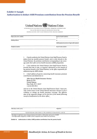 INSURANCE BENEFITS 144ANNEXES 144 Handbook for Action, In Cases of Death in Service
Exhibit 11 Sample
Authorization to deduct ASHI Premium contribution from the Pension Benefit
 