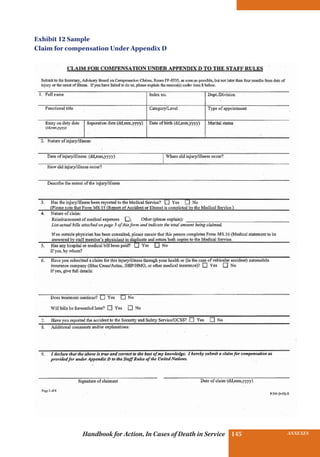 INSURANCE BENEFITS145 ANNEXES145Handbook for Action, In Cases of Death in Service
Exhibit 12 Sample
Claim for compensation Under Appendix D
 