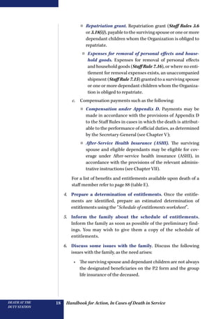 Handbook for Action, In Cases of Death in ServiceDEATH AT THE
DUTY STATION
18
¤¤ Repatriation grant. Repatriation grant (Staff Rules 3.6
or 3.18(i)), payable to the surviving spouse or one or more
dependant children whom the Organization is obliged to
repatriate.
¤¤ Expenses for removal of personal effects and house-
hold goods. Expenses for removal of personal effects
and household goods (Staff Rule 7.16), or where no enti-
tlement for removal expenses exists, an unaccompanied
shipment (Staff Rule 7.15) granted to a surviving spouse
or one or more dependant children whom the Organiza-
tion is obliged to repatriate.
c.	 Compensation payments such as the following:
¤¤ Compensation under Appendix D. Payments may be
made in accordance with the provisions of Appendix D
to the Staff Rules in cases in which the death is attribut-
able to the performance of official duties, as determined
by the Secretary-General (see Chapter V);
¤¤ After-Service Health Insurance (ASHI). The surviving
spouse and eligible dependants may be eligible for cov-
erage under After-service health insurance (ASHI), in
accordance with the provisions of the relevant adminis-
trative instructions (see Chapter VII).
For a list of benefits and entitlements available upon death of a
staff member refer to page 88 (table E).
4.	 Prepare a determination of entitlements. Once the entitle-
ments are identified, prepare an estimated determination of
entitlements using the “Schedule of entitlements worksheet”.
5.	 Inform the family about the schedule of entitlements.
Inform the family as soon as possible of the preliminary find-
ings. You may wish to give them a copy of the schedule of
entitlements.
6.	 Discuss some issues with the family. Discuss the following
issues with the family, as the need arises:
•	 The surviving spouse and dependant children are not always
the designated beneficiaries on the P.2 form and the group
life insurance of the deceased.
 