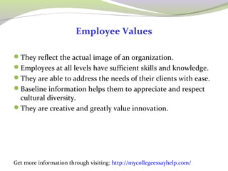 Employee Values 
They reflect the actual image of an organization. 
Employees at all levels have sufficient skills and knowledge. 
They are able to address the needs of their clients with ease. 
Baseline information helps them to appreciate and respect 
cultural diversity. 
They are creative and greatly value innovation. 
Get more information through visiting: http://mycollegeessayhelp.com/ 
 