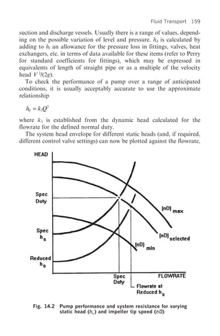 Fluid Transport 159

suction and discharge vessels. Usually there is a range of values, depend-
ing on the possible variation of level and pressure. hd is calculated by
adding to hf an allowance for the pressure loss in fittings, valves, heat
exchangers, etc. in terms of data available for these items (refer to Perry
for standard coefficients for fittings), which may be expressed in
equivalents of length of straight pipe or as a multiple of the velocity
head V 2/(2g).
   To check the performance of a pump over a range of anticipated
conditions, it is usually acceptably accurate to use the approximate
relationship

  hd = k3Q2
where k3 is established from the dynamic head calculated for the
flowrate for the defined normal duty.
   The system head envelope for different static heads (and, if required,
different control valve settings) can now be plotted against the flowrate,




     Fig. 14.2 Pump performance and system resistance for varying
               static head (hs ) and impeller tip speed (nD
                            h                            nD)
                                                         nD
 