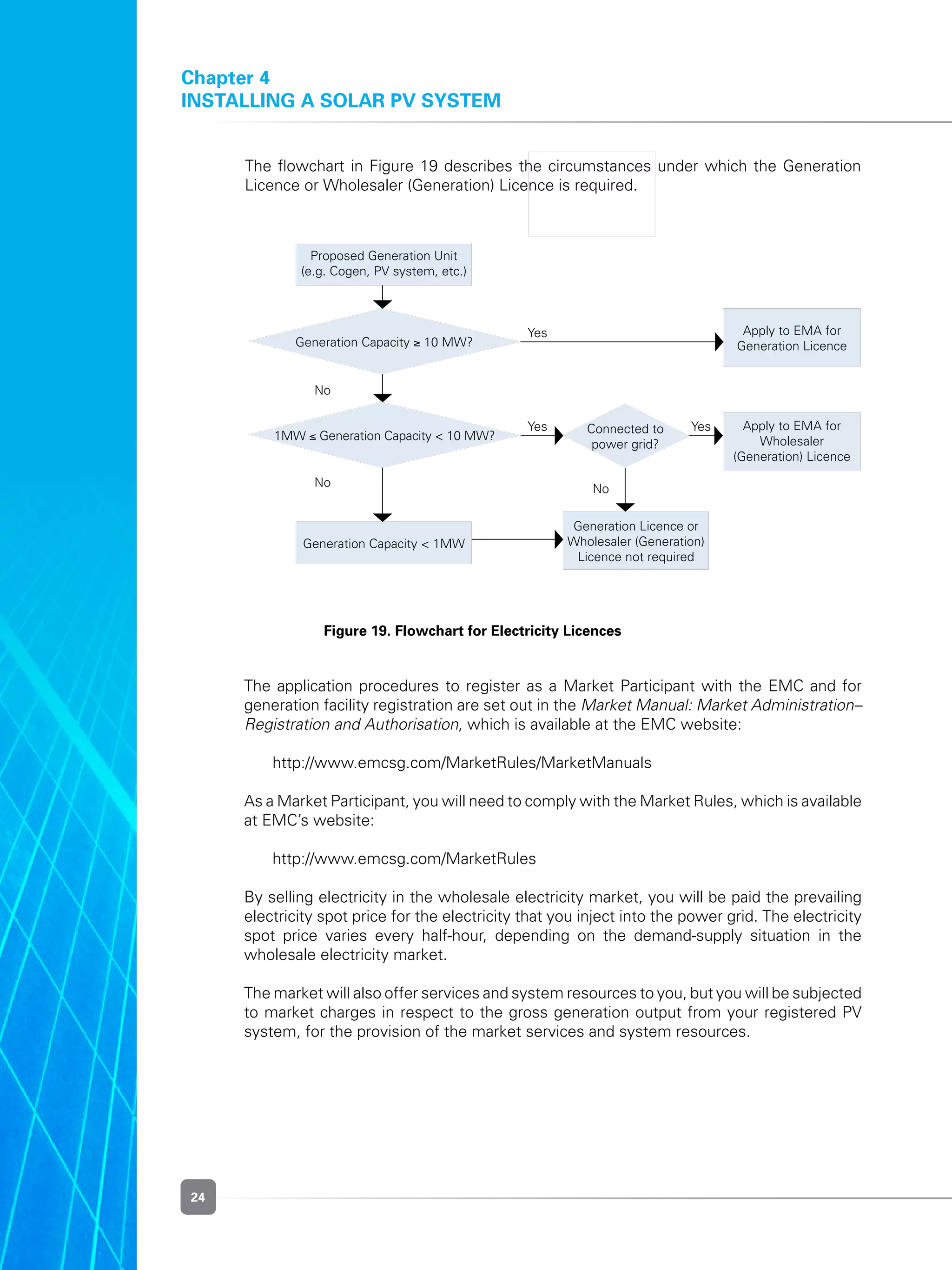 24
Chapter 4
installing a solar PV system
Figure 19. Flowchart for Electricity Licences
	 The flowchart in Figure 19 describes the circumstances under which the Generation
Licence or Wholesaler (Generation) Licence is required.  
Generation Licence or
Wholesaler (Generation)
Licence not required
Apply to EMA for
Generation Licence
Apply to EMA for
Wholesaler
(Generation) Licence
Proposed Generation Unit
(e.g. Cogen, PV system, etc.)
Generation Capacity < 1MW
Generation Capacity ≥ 10 MW?
1MW ≥ Generation Capacity < 10 MW?
Connected to
power grid?
Yes
Yes Yes
No
No No
	 The application procedures to register as a Market Participant with the EMC and for
generation facility registration are set out in the Market Manual: Market Administration–
Registration and Authorisation, which is available at the EMC website:
	 	 http://www.emcsg.com/MarketRules/MarketManuals
	 As a Market Participant, you will need to comply with the Market Rules, which is available
at EMC’s website:
	 	 http://www.emcsg.com/MarketRules
	 By selling electricity in the wholesale electricity market, you will be paid the prevailing
electricity spot price for the electricity that you inject into the power grid. The electricity
spot price varies every half-hour, depending on the demand-supply situation in the
wholesale electricity market.
	 The market will also offer services and system resources to you, but you will be subjected
to market charges in respect to the gross generation output from your registered PV
system, for the provision of the market services and system resources.
 