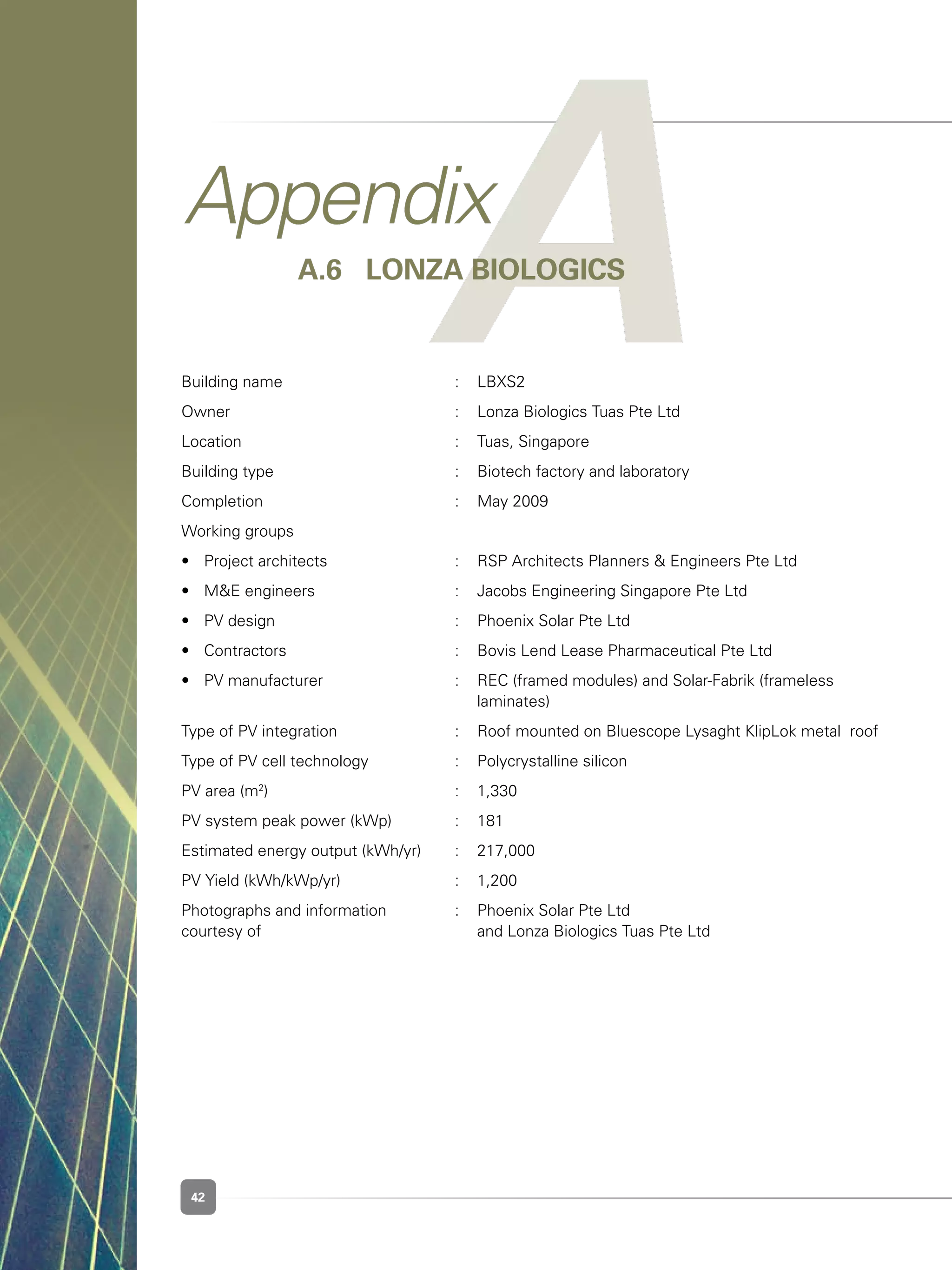 42
AAppendix
A.6 	Lonza Biologics
Building name	 :	 LBXS2
Owner	 :	 Lonza Biologics Tuas Pte Ltd
Location	 :	 Tuas, Singapore
Building type	 :	 Biotech factory and laboratory
Completion	 :	 May 2009
Working groups	 	
•	 Project architects	 :	 RSP Architects Planners & Engineers Pte Ltd
•	 M&E engineers	 :	 Jacobs Engineering Singapore Pte Ltd
•	 PV design	 :	 Phoenix Solar Pte Ltd
•	 Contractors	 :	 Bovis Lend Lease Pharmaceutical Pte Ltd
•	 PV manufacturer	 :	 REC (framed modules) and Solar-Fabrik (frameless 	 	
	 	 	 laminates)
Type of PV integration	 :	 Roof mounted on Bluescope Lysaght KlipLok metal  roof
Type of PV cell technology	 :	 Polycrystalline silicon
PV area (m2
)	 :	 1,330
PV system peak power (kWp)	 :	 181
Estimated energy output (kWh/yr)	 :	 217,000
PV Yield (kWh/kWp/yr)	 :	 1,200
Photographs and information 	 :	 Phoenix Solar Pte Ltd	 	 	 	 	
courtesy of 	 	 and Lonza Biologics Tuas Pte Ltd
 