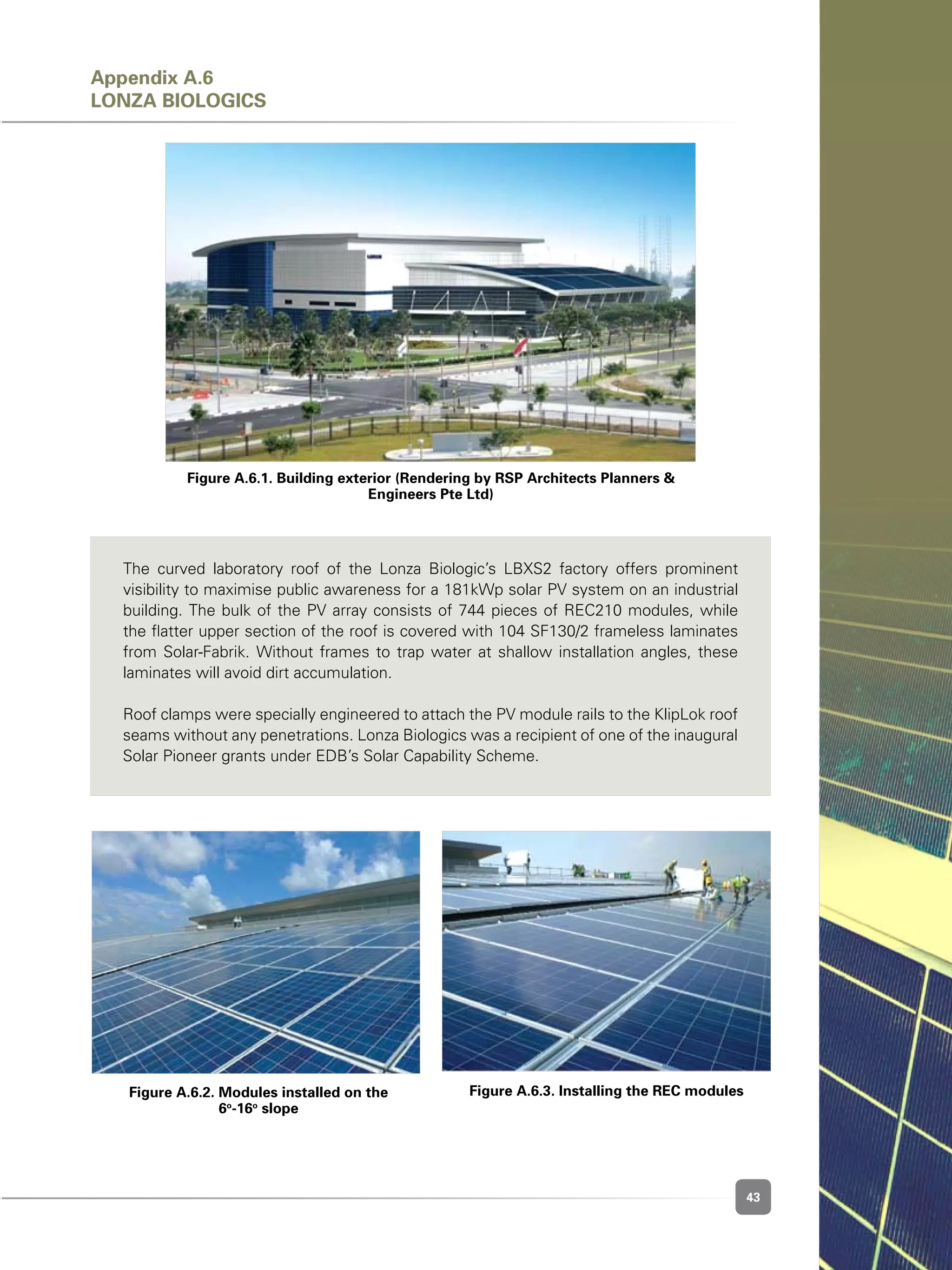 43
The curved laboratory roof of the Lonza Biologic’s LBXS2 factory offers prominent
visibility to maximise public awareness for a 181kWp solar PV system on an industrial
building. The bulk of the PV array consists of 744 pieces of REC210 modules, while
the flatter upper section of the roof is covered with 104 SF130/2 frameless laminates
from Solar-Fabrik. Without frames to trap water at shallow installation angles, these
laminates will avoid dirt accumulation.
Roof clamps were specially engineered to attach the PV module rails to the KlipLok roof
seams without any penetrations. Lonza Biologics was a recipient of one of the inaugural
Solar Pioneer grants under EDB’s Solar Capability Scheme.
Figure A.6.3. Installing the REC modules
Figure A.6.1. Building exterior (Rendering by RSP Architects Planners &
Engineers Pte Ltd)
Figure A.6.2. Modules installed on the
6o
-16o
slope
Appendix A.6
Lonza Biologics
 