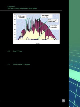 15
2.6 	 Solar PV Yield
	 The amount of electricity you are able to generate from a solar PV system depends not
only on the availability of sunshine but also on the technology you choose to install.  For
example, a typical 10-kW rooftop solar PV system in Singapore would produce about
11,000 to 12,500 kWh annually using crystalline PV modules, and 12,000 to 14,500 kWh
annually with amorphous silicon thin film  PV modules.
2.7 	 Cost of a Solar PV System
	 The cost of your solar PV system will depend on many factors: system configuration,
equipment options, labour cost and financing cost. Prices also vary depending on factors
such as whether or not your home is new, and whether the PV modules are integrated
into the roof or mounted on the roof. The cost also depends on the system size or
rating, and the amount of electricity it produces.  
	 Generally, solar PV systems entail high capital costs.  With solar power, you can save on
the purchase of electricity from the grid.  But even with these savings, it will take a long
time to recover the capital cost of the solar PV installation.  The operating costs for solar
PV installations are negligible, but the annual maintenance cost beyond the warranty
period may amount to 0.5% to 1% of the capital cost of the installation.
	 Therefore on an overall basis, solar PV-derived electricity is still much more expensive
than that from the power grid.  However, the cost of solar PV has historically been falling
by about 4% a year, and if this continues, solar PV may be competitive within the next
10 years. For incentives on solar PV system, please refer to Appendix D.
Figure 17. Varying daily power output profile of PV installation 	
at a selected test site in Singapore
Chapter 2
Solar PV Systems on a Building
PVoutputcapacityfactor
 