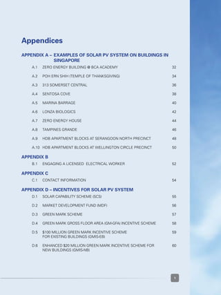 1
Appendices
Appendix A – 	Examples of solar pv system on buildings in 	
		singapore
	 A.1 	 ZERO ENERGY BUILDING @ BCA Academy	 32
	 A.2 	 POH ERN SHIH (TEMPLE OF THANKSGIVING)	 34
	 A.3 	 313 SOMERSET CENTRAL	 36
	 A.4 	 Sentosa Cove	 38
	 A.5 	 Marina Barrage	 40
	 A.6 	 Lonza Biologics	 42
	
	 A.7 	 Zero Energy House	 44
	 A.8 	 Tampines Grande	 46
	 A.9 	 HDB APARTMENT BLOCKS AT Serangoon North Precinct 	 48
		
	 A.10 	 HDB APARTMENT BLOCKS AT Wellington Circle Precinct 	 50
		
Appendix B
	 B.1 	 Engaging a Licensed  Electrical Worker	 52
Appendix C
	 C.1 	 CONTACT INFORMATION	 54
Appendix D – INCENTIVES FOR SOLAR PV SYSTEM
	 D.1 	 Solar Capability Scheme (SCS)	 55
	 D.2  	 Market Development Fund (MDF)	 56
	 D.3  	 Green Mark Scheme	 57
	 D.4  	 Green Mark Gross Floor Area (GM-GFA) Incentive Scheme	 58
	 D.5  	 $100 million Green Mark Incentive Scheme 	 59
	 	 For existing buildings (GMIS-EB)
	 D.6  	 Enhanced $20 million Green Mark Incentive Scheme for 	 60	
	 	 new buildings (GMIS-NB)
 