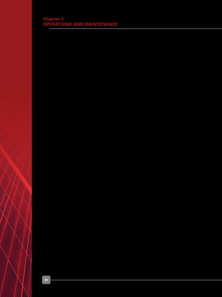 30
Chapter 5
Operations and Maintenance
	 3	 Cabling	 Check for cable 	 Replace cable if
	 	 	 conditions i.e. wear 	 necessary
			 and tear
	
	 	 	 Check cable terminals 	 Tighten connections
	 	 	 for burnt marks, hot 	 or recommend
			 spots or loose 	 replacement
			 connections
	
	 4	 Junction boxes	 Check cable terminals 	 Tighten or
	 	 	 e.g. wear and tear 	 recommend
			 or loose connections	 replacement
	 	 	 Check for warning 	 Replace warning
			 notices	 notice if necessary
	 	 	 Check for physical 	 Recommend
			 damage	 replacement
	 5	 Means of isolation	 Check functionality	 Recommend 	 	
		 replacement
	 6	 Earthing of solar PV system	 Check earthing cable 	 Recommend
			 conditions	 replacement
	 	 	 Check the physical 	 Retighten
			 earthing connection	 connection
	 	 	 Check continuity of the	 Troubleshoot or
			 cable to electrical earth	 recommend 		
			 replacement
	 7	 Bonding of the exposed 	 Check bonding cable	 Recommend
		 metallic structure of solar 	 conditions	 replacement
		 PV system to lightning earth		
	 	 	 Check physical bonding 	 Tighten connection
			 connection	
		
	 	 	 Check continuity of 	 Troubleshoot or
			 the bonding to lightning 	 recommend		
		 earth	 replacement
 