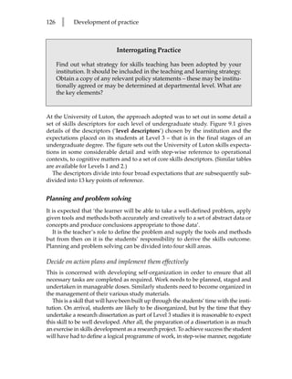 126     l   Development of practice



                              Interrogating Practice

      Find out what strategy for skills teaching has been adopted by your
      institution. It should be included in the teaching and learning strategy.
      Obtain a copy of any relevant policy statements – these may be institu-
      tionally agreed or may be determined at departmental level. What are
      the key elements?



At the University of Luton, the approach adopted was to set out in some detail a
set of skills descriptors for each level of undergraduate study. Figure 9.1 gives
details of the descriptors (‘level descriptors’) chosen by the institution and the
expectations placed on its students at Level 3 – that is in the final stages of an
undergraduate degree. The figure sets out the University of Luton skills expecta-
tions in some considerable detail and with step-wise reference to operational
contexts, to cognitive matters and to a set of core skills descriptors. (Similar tables
are available for Levels 1 and 2.)
   The descriptors divide into four broad expectations that are subsequently sub-
divided into 13 key points of reference.


Planning and problem solving
It is expected that ‘the learner will be able to take a well-defined problem, apply
given tools and methods both accurately and creatively to a set of abstract data or
concepts and produce conclusions appropriate to those data’.
   It is the teacher’s role to define the problem and supply the tools and methods
but from then on it is the students’ responsibility to derive the skills outcome.
Planning and problem solving can be divided into four skill areas.

Decide on action plans and implement them effectively
This is concerned with developing self-organization in order to ensure that all
necessary tasks are completed as required. Work needs to be planned, staged and
undertaken in manageable doses. Similarly students need to become organized in
the management of their various study materials.
   This is a skill that will have been built up through the students’ time with the insti-
tution. On arrival, students are likely to be disorganized, but by the time that they
undertake a research dissertation as part of Level 3 studies it is reasonable to expect
this skill to be well developed. After all, the preparation of a dissertation is as much
an exercise in skills development as a research project. To achieve success the student
will have had to define a logical programme of work, in step-wise manner, negotiate
 
