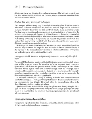 130   l    Development of practice


able to sort these out from the less authoritative ones. The Internet, in particular,
can offer some excellent materials but can also present students with material of a
less than academic nature.

Analyse data using appropriate techniques
Data analysis will inevitably vary from discipline to discipline. For some subjects
traditional statistics courses will be provided with an emphasis on numerical
analysis. For other disciplines the data used will be of a more qualitative nature.
The key issue with data analysis exercises is to use data that is of interest to the
students rather than merely hypothetical lists of numbers. Data that present chal-
lenges to commonly held views or which deal with controversial subjects can be
particularly appealing. If it is possible for students to generate their own data
(rather than merely being provided with data from others); this provides owner-
ship and can aid subsequent discussions.
   Nowadays it is usual to use computer software packages for statistical analysis;
here it is important that the emphasis does not move to a focus on the software at
the expense of the more substantive matters of selection of the most appropriate
test and subsequent interpretation of the result.

Use appropriate IT resources independently to support previously identified
areas
The use of IT has become a universal fact of life in employment. Almost all gradu-
ates will be required to use the standard software suites of word processor,
spreadsheet, databases and presentation software. Such usage is also almost
universal across higher education and increasingly so in the lower phases of
education. However, it is not enough for students to be able to create (for example)
spreadsheets or databases; they must also be enabled to use such resources for the
data-handling exercises referred to previously.
   IT resources also include a variety of learning materials from focused computer
assisted learning (CAL) packages through to the more diverse use of online learn-
ing environments (see Chapter 11) which allow for materials and ideas to be
shared between students and their teachers.
   Specialist software is available for many disciplines from dietary analysis pack-
ages for those studying nutrition to computer-aided design packages for engi-
neers. It is essential that the students’ learning experience includes use of such
relevant resources.


Communications and presentation
The general expectation is that ‘learners… should be able to communicate effec-
tively in context, both orally and on paper’.
 