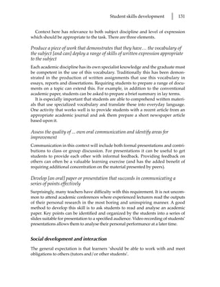 Student skills development        l   131


 Context here has relevance to both subject discipline and level of expression
which should be appropriate to the task. There are three elements.

Produce a piece of work that demonstrates that they have… the vocabulary of
the subject [and can] deploy a range of skills of written expression appropriate
to the subject
Each academic discipline has its own specialist knowledge and the graduate must
be competent in the use of this vocabulary. Traditionally this has been demon-
strated in the production of written assignments that use this vocabulary in
essays, reports and dissertations. Requiring students to prepare a range of docu-
ments on a topic can extend this. For example, in addition to the conventional
academic paper, students can be asked to prepare a brief summary in lay terms.
   It is especially important that students are able to comprehend written materi-
als that use specialized vocabulary and translate these into everyday language.
One activity that works well is to provide students with a recent article from an
appropriate academic journal and ask them prepare a short newspaper article
based upon it.

Assess the quality of ... own oral communication and identify areas for
improvement
Communication in this context will include both formal presentations and contri-
butions to class or group discussion. For presentations it can be useful to get
students to provide each other with informal feedback. Providing feedback on
others can often be a valuable learning exercise (and has the added benefit of
requiring additional concentration on the material presented by peers).

Develop [an oral] paper or presentation that succeeds in communicating a
series of points effectively
Surprisingly, many teachers have difficulty with this requirement. It is not uncom-
mon to attend academic conferences where experienced lecturers read the outputs
of their personal research in the most boring and uninspiring manner. A good
method to develop this skill is to ask students to read and analyse an academic
paper. Key points can be identified and organized by the students into a series of
slides suitable for presentation to a specified audience. Video recording of students’
presentations allows them to analyse their personal performance at a later time.


Social development and interaction
The general expectation is that learners ‘should be able to work with and meet
obligations to others (tutors and/or other students’.
 