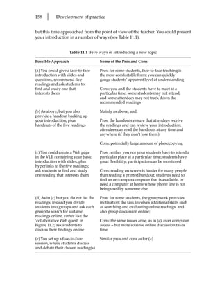 158    l     Development of practice


but this time approached from the point of view of the teacher. You could present
your introduction in a number of ways (see Table 11.1).


                     Table 11.1 Five ways of introducing a new topic

Possible Approach                       Some of the Pros and Cons

(a) You could give a face-to-face       Pros: for some students, face-to-face teaching is
introduction with slides and            the most comfortable form; you can quickly
questions, recommend five               gauge students’ apparent level of understanding
readings and ask students to
find and study one that                 Cons: you and the students have to meet at a
interests them                          particular time; some students may not attend,
                                        and some attendees may not track down the
                                        recommended readings

(b) As above, but you also              Mainly as above, and:
provide a handout backing up
your introduction, plus                 Pros: the handouts ensure that attendees receive
handouts of the five readings           the readings and can review your introduction;
                                        attendees can read the handouts at any time and
                                        anywhere (if they don’t lose them)

                                        Cons: potentially large amount of photocopying

(c) You could create a Web page         Pros: neither you nor your students have to attend a
in the VLE containing your basic        particular place at a particular time; students have
introduction with slides, plus          great flexibility; participation can be monitored
hyperlinks to the five readings;
ask students to find and study          Cons: reading on screen is harder for many people
one reading that interests them         than reading a printed handout; students need to
                                        find an on-campus computer that is available, or
                                        need a computer at home whose phone line is not
                                        being used by someone else

(d) As in (c) but you do not list the   Pros: for some students, the groupwork provides
readings; instead you divide            motivation; the task involves additional skills such
students into groups and ask each       as searching and evaluating online readings, and
group to search for suitable            also group discussion online;
readings online, rather like the
‘collaborative Web quest’ in            Cons: the same issues arise, as in (c), over computer
Figure 11.2; ask students to            access – but more so since online discussion takes
discuss their findings online           time

(e) You set up a face-to-face           Similar pros and cons as for (a)
session, where students discuss
and debate their chosen reading(s)
 