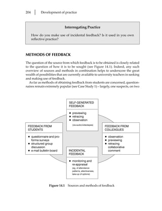 204    l    Development of practice



                             Interrogating Practice

      How do you make use of incidental feedback? Is it used in you own
      reflective practice?



METHODS OF FEEDBACK
The question of the source from which feedback is to be obtained is closely related
to the question of how it is to be sought (see Figure 14.1). Indeed, any such
overview of sources and methods in combination helps to underscore the great
wealth of possibilities that are currently available to university teachers in seeking
and making use of feedback.
  As far as methods of obtaining feedback from students are concerned, question-
naires remain extremely popular (see Case Study 1) – largely, one suspects, on two




                                SELF-GENERATED
                                FEEDBACK

                                • previewing
                                • retracing
                                • observation
                                   (via audio/videotapes)
 FEEDBACK FROM                                                FEEDBACK FROM
 STUDENTS                                                     COLLEAGUES

 • questionnaire and pro-                                     • observation
   forma surveys                                              • previewing
 • structured group                                           • retracing
   discussion                                                   collaborative
 • e-mail bulletin board        INCIDENTAL                      comment
                                FEEDBACK

                                • monitoring and
                                  re-appraisal
                                   (eg, of attendance
                                   patterns, attentiveness,
                                   take-up of options)




                 Figure 14.1   Sources and methods of feedback
 