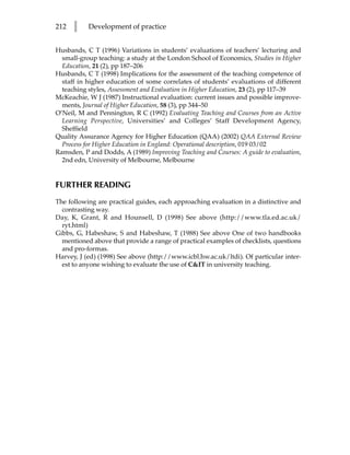 212   l    Development of practice


Husbands, C T (1996) Variations in students’ evaluations of teachers’ lecturing and
  small-group teaching: a study at the London School of Economics, Studies in Higher
  Education, 21 (2), pp 187–206
Husbands, C T (1998) Implications for the assessment of the teaching competence of
  staff in higher education of some correlates of students’ evaluations of different
  teaching styles, Assessment and Evaluation in Higher Education, 23 (2), pp 117–39
McKeachie, W J (1987) Instructional evaluation: current issues and possible improve-
  ments, Journal of Higher Education, 58 (3), pp 344–50
O’Neil, M and Pennington, R C (1992) Evaluating Teaching and Courses from an Active
  Learning Perspective, Universities’ and Colleges’ Staff Development Agency,
  Sheffield
Quality Assurance Agency for Higher Education (QAA) (2002) QAA External Review
  Process for Higher Education in England: Operational description, 019 03/02
Ramsden, P and Dodds, A (1989) Improving Teaching and Courses: A guide to evaluation,
  2nd edn, University of Melbourne, Melbourne


FURTHER READING
The following are practical guides, each approaching evaluation in a distinctive and
  contrasting way.
Day, K, Grant, R and Hounsell, D (1998) See above (http://www.tla.ed.ac.uk/
  ryt.html)
Gibbs, G, Habeshaw, S and Habeshaw, T (1988) See above One of two handbooks
  mentioned above that provide a range of practical examples of checklists, questions
  and pro-formas.
Harvey, J (ed) (1998) See above (http://www.icbl.hw.ac.uk/ltdi). Of particular inter-
  est to anyone wishing to evaluate the use of C&IT in university teaching.
 