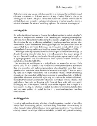 Reflective practice     l    221


As teachers, one way we can reflect on practice is to consider the implications and
effects of our actions on different learners. A way of doing this is in relation to
learning styles. Butler (1987) has shown that failure of a student to learn can be
attributed not only to matters such as motivation and prior learning, but also to a
mismatch between the lecturer’s teaching style and the students’ learning style.


Learning styles

An understanding of learning styles and their characteristics is part of a teacher’s
‘tool box’ of analytical and reflective skills. Observing and analysing learning char-
acteristics has led to definitions of learning style (see also Chapter 2), which includes
the axiom that the way in which an individual typically approaches a learning situ-
ation derives from a mix between their cognitive process and personality. It can be
argued that there are basic differences in personality which affect styles or
approaches to learning and the way thinking is organized (Briggs Myers, 1987).
   Although learning style theorists have developed different terminology to
describe learning characteristics, there is broad agreement that in any group of
learners there will be at least four bands of learning styles represented, though not
in equal proportion. The characteristics of these styles have been identified to
include those listed in Table 15.2.
   No learning (or teaching) style is judged better or worse than another. Each
style is valid for that learner. Many learners will share characteristics from more
than one group but will feel most comfortable when taught in ways that corre-
spond to their ‘dominant’ style. Learners who are more strongly ‘C’ in their learn-
ing style, for example, will respond well in situations where a variety of teaching
strategies are the norm but will be less responsive to an undiluted diet of didactic
approaches. However, while each style may be valid for the individual learner,
inevitably that learner will encounter situations, individuals or tasks which do not
match his or her preferred learning style. Some of these tasks will prove more
challenging and extra support from the tutor will be required. For example, if a
task requires reading for attention to detail, then those who more naturally skim
read may need guidance to unlock the text – eg, structured questions based on
small sections.


Avoiding pitfalls

Learning style deals with only a limited, though important, number of variables
which affect the learning process. Students bring with them a wide variety of
other characteristics which influence their learning experiences. These include
existing content knowledge, abilities and skills; personal background including
 
