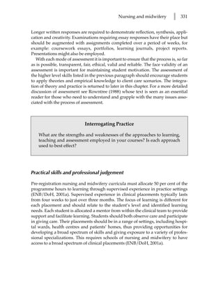 Nursing and midwifery          l   331


Longer written responses are required to demonstrate reflection, synthesis, appli-
cation and creativity. Examinations requiring essay responses have their place but
should be augmented with assignments completed over a period of weeks, for
example: coursework essays, portfolios, learning journals, project reports.
Presentations might also be employed.
   With each mode of assessment it is important to ensure that the process is, so far
as is possible, transparent, fair, ethical, valid and reliable. The face validity of an
assessment is important for maintaining student motivation. The assessment of
the higher level skills listed in the previous paragraph should encourage students
to apply theories and empirical knowledge to client care scenarios. The integra-
tion of theory and practice is returned to later in this chapter. For a more detailed
discussion of assessment see Rowntree (1988) whose text is seen as an essential
reader for those who need to understand and grapple with the many issues asso-
ciated with the process of assessment.



                             Interrogating Practice

    What are the strengths and weaknesses of the approaches to learning,
    teaching and assessment employed in your courses? Is each approach
    used to best effect?




Practical skills and professional judgement

Pre-registration nursing and midwifery curricula must allocate 50 per cent of the
programme hours to learning through supervised experience in practice settings
(ENB/DoH, 2001a). Supervised experience in clinical placements typically lasts
from four weeks to just over three months. The focus of learning is different for
each placement and should relate to the student’s level and identified learning
needs. Each student is allocated a mentor from within the clinical team to provide
support and facilitate learning. Students should both observe care and participate
in giving care. Their placements should be in a range of settings, including hospi-
tal wards, health centres and patients’ homes, thus providing opportunities for
developing a broad spectrum of skills and giving exposure to a variety of profes-
sional specializations. This requires schools of nursing and midwifery to have
access to a broad spectrum of clinical placements (ENB/DoH, 2001a).
 