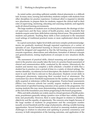 332   l    Working in discipline-specific areas


   As noted earlier, providing sufficient suitable clinical placements is a difficult
task. In many areas, nursing and midwifery students compete with students from
other disciplines for practice experience. Continual effort is required to identify
new placements; to prepare these for students; support the clinical staff in their
roles of supervising, mentoring, educating and assessing students; and regularly
audit all clinical learning environments.
   The large numbers of students now in clinical placements, the shortage of clini-
cal supervisors and the busy nature of health practice, make it desirable that
students acquire some basic skills before entering clinical areas. This protects both
students and patients. Teaching these skills is best conducted in the simulated
ward settings of traditional practical rooms or more sophisticated clinical skills
centres.
   In a spiral curriculum, higher-level skills and more complex professional judge-
ments are gradually mastered through repeated experiences of a variety of
episodes of care. Experiential learning in clinical or simulated environments
should be designed and supported so that the full learning cycle is completed:
concrete experience, observations and reflections, formation of abstract concepts
and generalizations, testing implications of concepts in new situations (Kolb,
1984).
   The assessment of practical skills, clinical reasoning and professional judge-
ment in the practice area usually takes the form of a practice-based assessment of
clinical and communication skills, conducted by the mentor. Alternatively the
student and mentor may complete a skills schedule: a booklet of skills that a
student has to practice over a period of time in a variety of clinical settings. The
mentor identifies, via reference to level descriptors, the student’s level of achieve-
ment in each skill that is relevant to that placement. Students revisit skills in
subsequent placements, improving their recorded level of attainment. The
curriculum lays down threshold requirements for the number, range and level of
skills acquired at milestones within the programme. Practice-based assessments
(PBAs) vary between schools but usually require students to demonstrate
achievement of specified learning outcomes at key points in the programme. For
nursing students this may mean demonstrating competence in certain core skills
at the end of the foundation year, before progressing to the branch programme.
   PBAs and skills schedules are widely used in a broad spectrum of health profes-
sions, practitioners generally taking a positive view of their face validity, authen-
ticity and practicality. However, there is some disquiet in relation to reliability,
objectivity and the equality of opportunity. The concerns arise largely because of
the large number of students on programmes and the consequent number
(usually several hundred) and the range of placements, offering variable learning
opportunities. Several hundred mentors involved in assessing students present
challenges in relation to education and updating to promote consistency and
accuracy in both interpretation of the learning outcomes, and application of the
 
