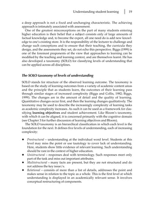 Understanding student learning          l   19


a deep approach is not a fixed and unchanging characteristic. The achieving
approach is intimately associated with assessment.
   One of the greatest misconceptions on the part of many students entering
higher education is their belief that a subject consists only of large amounts of
factual knowledge and, to become the expert, all one need do is add new knowl-
edge to one’s existing store. It is the responsibility of the lecturer to challenge and
change such conceptions and to ensure that their teaching, the curricula they
design, and the assessments they set, do not echo this perspective. Biggs (1999) is
one of the foremost proponents of the view that approaches to learning can be
modified by the teaching and learning context, and are themselves learnt. He has
also developed a taxonomy (SOLO) for classifying levels of understanding that
can be applied across all disciplines.


The SOLO taxonomy of levels of understanding
SOLO stands for structure of the observed learning outcome. The taxonomy is
based on the study of learning outcomes from a variety of academic content areas
and the principle that as students learn, the outcomes of their learning pass
through similar stages of increased complexity (Biggs and Collis, 1982; Biggs,
1999). The changes are in the amount of detail and the quality of learning.
Quantitative changes occur first, and then the learning changes qualitatively. The
taxonomy may be used to describe the increasingly complexity of learning tasks
as academic complexity increases. As such it can be used as a framework for clas-
sifying learning objectives and student achievement. Like Bloom’s taxonomy,
with which it can be aligned, it is concerned primarily with the cognitive domain
(see Chapter 3 for further discussion of learning objectives and Bloom).
   The SOLO taxonomy is an hierarchical classification in which each level is the
foundation for the next. It defines five levels of understanding, each of increasing
complexity:

•   Prestructural – understanding at the individual word level. Students at this
    level may miss the point or use tautology to cover lack of understanding.
    Here, students show little evidence of relevant learning. Such understanding
    should be rare in the context of higher education.
•   Unistructural – responses deal with terminology. Such responses meet only
    part of the task and miss out important attributes.
•   Multistructural – many facts are present, but they are not structured and do
    not address the key issue/s.
•   Relational – consists of more than a list of details, addresses the point and
    makes sense in relation to the topic as a whole. This is the first level at which
    understanding is displayed in an academically relevant sense. It involves
    conceptual restructuring of components.
 
