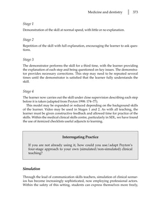 Medicine and dentistry       l   373


Stage 1
Demonstration of the skill at normal speed, with little or no explanation.


Stage 2
Repetition of the skill with full explanation, encouraging the learner to ask ques-
tions.


Stage 3
The demonstrator performs the skill for a third time, with the learner providing
the explanation of each step and being questioned on key issues. The demonstra-
tor provides necessary corrections. This step may need to be repeated several
times until the demonstrator is satisfied that the learner fully understands the
skill.


Stage 4
The learner now carries out the skill under close supervision describing each step
before it is taken (adapted from Peyton 1998: 174–77).
   This model may be expanded or reduced depending on the background skills
of the learner. Video may be used in Stages 1 and 2. As with all teaching, the
learner must be given constructive feedback and allowed time for practice of the
skills. Within the medical clinical skills centre, particularly in SDL, we have found
the use of itemized checklists useful adjuncts to learning.



                             Interrogating Practice

    If you are not already using it, how could you use/adapt Peyton’s
    four-stage approach to your own (simulated/non-simulated) clinical
    teaching?



Simulation

Through the lead of communication skills teachers, simulation of clinical scenar-
ios has become increasingly sophisticated, now employing professional actors.
Within the safety of this setting, students can express themselves more freely,
 
