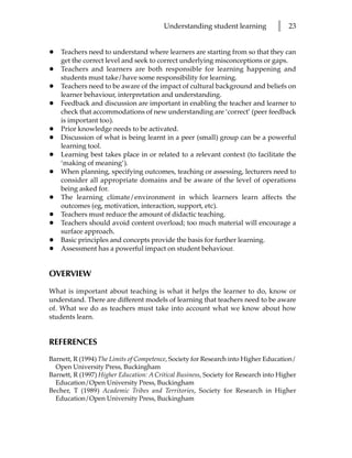 Understanding student learning           l   23


•   Teachers need to understand where learners are starting from so that they can
    get the correct level and seek to correct underlying misconceptions or gaps.
•   Teachers and learners are both responsible for learning happening and
    students must take/have some responsibility for learning.
•   Teachers need to be aware of the impact of cultural background and beliefs on
    learner behaviour, interpretation and understanding.
•   Feedback and discussion are important in enabling the teacher and learner to
    check that accommodations of new understanding are ‘correct’ (peer feedback
    is important too).
•   Prior knowledge needs to be activated.
•   Discussion of what is being learnt in a peer (small) group can be a powerful
    learning tool.
•   Learning best takes place in or related to a relevant context (to facilitate the
    ‘making of meaning’).
•   When planning, specifying outcomes, teaching or assessing, lecturers need to
    consider all appropriate domains and be aware of the level of operations
    being asked for.
•   The learning climate/environment in which learners learn affects the
    outcomes (eg, motivation, interaction, support, etc).
•   Teachers must reduce the amount of didactic teaching.
•   Teachers should avoid content overload; too much material will encourage a
    surface approach.
•   Basic principles and concepts provide the basis for further learning.
•   Assessment has a powerful impact on student behaviour.


OVERVIEW

What is important about teaching is what it helps the learner to do, know or
understand. There are different models of learning that teachers need to be aware
of. What we do as teachers must take into account what we know about how
students learn.


REFERENCES
Barnett, R (1994) The Limits of Competence, Society for Research into Higher Education/
  Open University Press, Buckingham
Barnett, R (1997) Higher Education: A Critical Business, Society for Research into Higher
  Education/Open University Press, Buckingham
Becher, T (1989) Academic Tribes and Territories, Society for Research in Higher
  Education/Open University Press, Buckingham
 