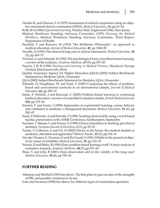Medicine and dentistry         l   389


Harden R, and Gleeson, F A (1979) Assessment of clinical competence using an objec-
  tive structured clinical examination (OSCE), Medical Education, 13, pp 41–54
Kolb, D A (1984) Experiential Learning, Prentice Hall, Englewood Cliffs, New Jersey
Medical Workforce Standing Advisory Committee (1997) Planning the Medical
  Workforce, Medical Workforce Standing Advisory Committee, Third Report,
  Department of Health
Neufeld, V and Barrows, H (1974) ‘The McMaster Philosophy’: an approach to
  medical education, Journal of Medical Education, 49, pp 1040–50
Newble, D (1991) The observed long case in clinical assessment, Medical Education, 25
  (5), pp 369–73
Norman, G and Schmidt, H (1992) The psychological basis of problem-based learning:
  a review of the evidence, Academic Medicine, 67 (9), pp 557–65
Peyton, J W R (1998) Teaching and Learning in Medical Practice, Manticore Europe
  Limited, Rickmansworth, Herts
Quality Assurance Agency for Higher Education (QAA) (2002) Subject Benchmark
  Statement for Medicine; QAA, Gloucester
QAA (2002) Subject Benchmark Statement for Dentistry; QAA, Gloucester
Schmidt, H, Dauphinee, W and Patel, V (1987) Comparing the effects of problem-
  based and conventional curricula in an international sample, Journal of Medical
  Education, 62, pp 305–15
Smits, P, Verbeek, J and Buisonjé, C (2002) Problem-based learning in continuing
  medical education: a review of controlled evaluation studies, British Medical Journal,
  324, pp 153–56
Stanton, F and Grant, J (1999) Approaches to experiential learning, course delivery
  and validation in medicine: a background document, Medical Education, 33 (4), pp
  282–97
Stark, P, Delmotte, A and Howdle, P (1998) Teaching clinical skills using a ward-based
  teacher, presentation at the ASME Conference, Southampton, September
Suvinen, T, Messer, L and Franco, E (1998) Clinical simulation in teaching pre-clinical
  dentistry, European Journal of Dentistry, 2 (1), pp 25–32
Turner, T, Collinson, S and Fry, H (2001) Doctor in the house: the medical student as
  academic, attendant and apprentice? Medical Teacher, 23 (5), pp 514–16
Van der Vleuten, C, Norman, G and De Graaff, E (1991) Pitfalls in the pursuit of objec-
  tivity: issues of reliability, Medical Education, 25, pp 110–18
Vernon, D and Blake, R (1993) Does problem-based learning work? A meta-analysis of
  evaluative research, Academic Medicine, 68 (7), pp 551–63
Wass, V and Jolly, B (2001) Does observation add to the validity of the long case?
  Medical Education, 35 (8), pp 729–34


FURTHER READING
Albanese and Mitchell (1993) See above. The best place to gain an idea of the strengths
  of PBL and possible variations in its use.
Case and Swanson (1998) See above. For different types of examination questions.
 