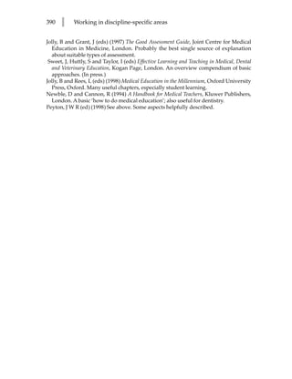 390   l     Working in discipline-specific areas


Jolly, B and Grant, J (eds) (1997) The Good Assessment Guide, Joint Centre for Medical
  Education in Medicine, London. Probably the best single source of explanation
  about suitable types of assessment.
 Sweet, J, Huttly, S and Taylor, I (eds) Effective Learning and Teaching in Medical, Dental
  and Veterinary Education, Kogan Page, London. An overview compendium of basic
  approaches. (In press.)
Jolly, B and Rees, L (eds) (1998) Medical Education in the Millennium, Oxford University
  Press, Oxford. Many useful chapters, especially student learning.
Newble, D and Cannon, R (1994) A Handbook for Medical Teachers, Kluwer Publishers,
  London. A basic ‘how to do medical education’; also useful for dentistry.
Peyton, J W R (ed) (1998) See above. Some aspects helpfully described.
 