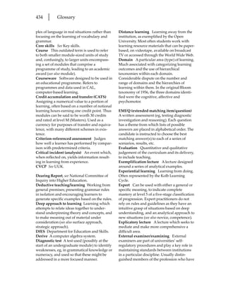 434    l     Glossary


ples of language in real situations rather than   Distance learning Learning away from the
focusing on the learning of vocabulary and        institution, as exemplified by the Open
grammar.                                          University. Most often students work with
Core skills See Key skills.                       learning resource materials that can be paper-
Course This outdated term is used to refer        based, on videotape, available on broadcast
to both smaller module-sized units of study       TV or accessed through the World Wide Web.
and, confusingly, to larger units encompass-      Domain A particular area (type) of learning.
ing a set of modules that comprise a              Much associated with categorizing learning
programme of study, leading to an academic        outcomes and the use of hierarchical
award (see also module).                          taxonomies within each domain.
Courseware Software designed to be used in        Considerable dispute on the number and
an educational programme. Refers to               range of domains and the hierarchies of
programmes and data used in CAL,                  learning within them. In the original Bloom
computer-based learning.                          taxonomy of 1956, the three domains identi-
Credit accumulation and transfer (CATS)           fied were the cognitive, affective and
Assigning a numerical value to a portion of       psychomotor.
learning, often based on a number of notional
learning hours earning one credit point. Thus     EMI/Q (extended matching item/question)
modules can be said to be worth 30 credits        A written assessment (eg, testing diagnostic
and rated at level M (Masters). Used as a         investigation and reasoning). Each question
currency for purposes of transfer and equiva-     has a theme from which lists of possible
lence, with many different schemes in exis-       answers are placed in alphabetical order. The
tence.                                            candidate is instructed to choose the best
Criterion-referenced assessment Judges            matching answer(s) to each of a series of
how well a learner has performed by compar-       scenarios, results, etc.
ison with predetermined criteria.                 Evaluation Quantitative and qualitative
Critical incident (analysis) An event which,      judgement of the curriculum and its delivery,
when reflected on, yields information result-     to include teaching.
ing in learning from experience.                  Exemplification lecture A lecture designed
CVCP See UUK.                                     around a series of analytical examples.
                                                  Experiential learning Learning from doing.
Dearing Report, see National Committee of         Often represented by the Kolb Learning
Inquiry into Higher Education.                    Cycle.
Deductive teaching/learning Working from          Expert Can be used with either a general or
general premises; presenting grammar rules        specific meaning, to indicate complete
in isolation and encouraging learners to          mastery at level 5 of a five-stage classification
generate specific examples based on the rules.    of progression. Expert practitioners do not
Deep approach to learning Learning which          rely on rules and guidelines as they have an
attempts to relate ideas together to under-       intuitive grasp of situations based on deep
stand underpinning theory and concepts, and       understanding, and an analytical approach to
to make meaning out of material under             new situations (see also novice, competence).
consideration (see also surface approach,         Explicatory lecture A lecture which seeks to
strategic approach).                              mediate and make more comprehensive a
DfES Department for Education and Skills.         difficult area.
Derive A computer algebra system.                 External examiner/examining External
Diagnostic test A test used (possibly at the      examiners are part of universities’ self-
start of an undergraduate module) to identify     regulatory procedures and play a key role in
weaknesses, eg, in grammatical knowledge or       maintaining standards between institutions
numeracy, and used so that these might be         in a particular discipline. Usually distin-
addressed in a more focused manner.               guished members of the profession who have
 