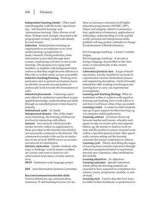 436    l     Glossary


Independent learning (study) Often used             these as necessary outcomes of all higher
interchangeably with the terms ‘open learn-         education programmes’ (NCIHE, 1997).
ing’, ‘self-directed learning’ and                  Values and integrity, effective communica-
‘autonomous learning’. Has a flavour of all         tion, application of numeracy, application of
these. Perhaps most strongly associated with        technology, understanding of work and the
programmes of study created individually            world, personal and interpersonal skills,
for each learner.                                   problem-solving, positive attitudes to change
Induction Initial period on joining an              (Confederation of British Industry).
organization as an employee or as a new
student joining a programme of                      L1 (of language teaching) Learner’s mother
study/research. During induction, basic             tongue.
information is provided through short               L2 (of language teaching) A second or
courses, small group activities or one-to-one       foreign language, learnt either in the class-
meetings. The purpose is to equip staff             room or naturalistically in the country
members or students with background infor-          concerned.
mation so that they might become effective in       Laboratory/practical class A type of teach-
their role or in their study as soon as possible.   ing session, usually included in curricula in
Inductive teaching/learning Working from            experimental sciences, biomedical sciences
particular cases to general conclusions; learn-     and engineering disciplines, which is broadly
ers identify recurrent use and pattern in           intended to offer training in techniques and
context and work towards the formulation of         learning how to carry out experimental
rules.                                              investigations.
Industrial placements A learning experi-            Learning and Teaching Strategy What an
ence offered to students to assist them to gain     institution wishes to achieve with regard to
applied knowledge, understanding and skills         learning and teaching, how it will achieve it
through an extended period of time based in         and how it will know when it has succeeded.
industry.                                           Learning Centre A centre to which students
Institutional audit See Audit.                      may go to gain support for their learning, eg,
Interpersonal domain One of the major               via computer-aided applications.
areas of learning, the learning of behaviour        Learning contract A contract drawn up
involved in interacting with others.                between teacher and learner, whereby each
Intranet Any network which provides                 agrees to take on certain roles and responsi-
similar services within an organization to          bilities, eg, the learner to hand in work on
those provided on the Internet, but which is        time and the teacher to return corrected work
not necessarily connected to the Internet. The      within a specified period of time. May specif-
commonest example is the use by an institu-         ically concern setting out the learning
tion of one of more WWW server on an inter-         outcomes the learner undertakes to achieve.
nal network for distribution.                       Learning cycle Theory describing the stages
Intrinsic motivation Typifies students who          of learning from concrete experience through
enjoy a challenge, want to master a subject,        reflection and generalization to experiment
are curious and want to learn (see also             towards new experience, often attributed to
achievement motivation, extrinsic motiva-           David Kolb.
tion).                                              Learning objectives See objectives.
IWLP Institution-wide language project.             Learning outcomes Specific statements
                                                    which define the learning students are
JISC Joint Information Systems Committee.           expected to have acquired on completion of a
                                                    session, course, programme, module, or unit
Key/core/common/transferable skills                 of study.
Various definitions, eg, communication,             Learning style Used to describe how learn-
numeracy, IT and learning to learn (‘we see         ers differ in their tendencies or preferences to
 