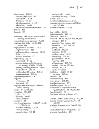 Index     l   443


dissertations 105–20                         teacher’s role 144–46
  aims and objectives 109                    university teaching 137–39
  assessment 116–18                        expert 216, 434
  definition 106–09                        experimental sciences see sciences
  role of supervisor 111–13                extended matching questions (EMQs)
  scheduling 114–18                             384, 385, 434
  structured versus unstructured   110     external examiner 434–35
domain 434
dyslexia 179                               face validity 44, 331
                                           facilitation skills 112, 145
e-learning 284, 294–95 see also virtual    facilitator 260, 434
      learning environments                feedback 14, 82, 196, 371, 372, 399, 435
electronic discussion groups 91, 205          acting on 209–11
employability skills 123–25, 134,             analysing/interpreting 208
      267–68, 394                             formative 172–73, 229, 289
employment of students 121–23                 giving 232–33
   employers’ view 123                        incidental 203, 204
   higher education responses 123–25          methods 204–07
   skills 123                                 on observation 232–33
   teachers’ response 125                     on teaching 201, 202
engineering 255–77                            questionnaire 206–07
   assessment 271–72                          receiving 233
   communication and information              self-generated 203, 204
         technology (CIT) 272–74             student 203, 204, 270, 309
   learning/teaching methods 258–67           teacher 203, 204
   practical work 263–65                      see also evaluation
   problem-based learning 260–62           field trips 140, 264–65, 435
   work experience 262–63                     case study 265–66
Engineering Council 416                    fishbowl 98
enquiries                                  flexible learning 435
   open-ended 98                           focus groups 205, 435
   structured 98                           foundation degree 297
enquiry-based learning see problem-        foundation year 311, 417
      based learning                       Framework of Higher Education
essays 46–47, 166, 331                           Qualifications 20, 189, 190, 435
evaluation 184, 433                        free discussion 98
   cycle 210                               functional notional syllabus 435
   teaching 200–12
   see also feedback                       General Dental Council (GDC) 367, 368
examiners 58                               General Medical Council (GMC) 43,
experiential learning 11, 14–17, 134–47,       367, 368
      215, 375–76, 434                     graduate demonstrators 266–67, 283,
   academic learning 135–36                    435
   action learning 141–42                  Graduate Standards Programme 27
   natural setting 140–41                  grammar-translation 435
 