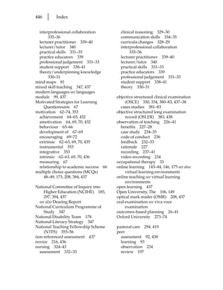 446   l   Index


 interprofessional collaboration         clinical reasoning 329–30
      335–36                             communication skills 334–35
 lecturer practitioner 339–40            curricula changes 328–29
 lecturer/tutor 340                      interprofessional collaboration
 practical skills 331–33                      335–36
 practice educators 339                  lecturer practitioner 339–40
 professional judgement 331–33           lecturer/tutor 340
 student support 338–41                  practical skills 331–33
 theory/underpinning knowledge           practice educators 339
      330–31                             professional judgement 331–33
mind maps 81                             student support 338–41
mixed skill teaching 347, 437            theory 330–31
modern languages see languages
module 99, 437                         objective structured clinical examination
Motivated Strategies for Learning           (OSCE) 330, 334, 380–83, 437–38
    Questionnaire 67                     cases studies 381–83
motivation 62–74, 353                  objective structured long examination
 achievement 64–65, 432                     record (OSLER) 383, 438
 amotivation 64, 69, 70, 432           observation of teaching 226–41
 behaviour 65–66                         benefits 227–28
 development of 67–69                    case study 234–35
 encouraging 69–72                       code of conduct 236
 extrinsic 62–63, 69, 70, 435            feedback 232–33
 instrumental 353                        rationale 227
 integrative 353                         recording 237–41
 intrinsic 62–63, 69, 70, 436            video-recording 234
 measuring 67                          occupational therapy 33
 relationship to academic success 66   online learning 143–44, 146, 175 see also
multiple choice questions (MCQs)            virtual learning environments
    48–49, 173, 208, 384, 437          online teaching see virtual learning
                                            environments
National Committee of Inquiry into     open learning 437
     Higher Education (NCIHE) 185,     Open University, The 106, 149
     297, 394, 437                     optical mark reader (OMR) 208, 437
  see also Dearing Report              oral examination see viva voce
National Curriculum Programme of            examination
     Study 347                         outcomes-based planning 26–41
National Disability Team 178           Oxford University 273–74
National Literacy Strategy 347
National Teaching Fellowship Scheme    pastoral care 294, 419
     (NTFS) 355–56                     peer
non-referenced assessment 437            assessment 92, 438
novice 216, 436                          learning 93
nursing 324–43                           observation 234
  assessment 332–33                      review 197
 