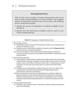 38   l    Development of practice



                              Interrogating Practice

     Table 3.5 lists a few examples of student characteristics that can be
     used to assist with the planning of a course/module. It also suggests
     sources of information and how they can be used in the planning
     process. Using this as a guide:
     1. Identify the sources of information on students available at your
        institution.
     2. Specify how the information available could be used in your
        course/module planning.



                    Table 3.5 Categories of student characteristics

1. Knowledge on Entry
   (i) Knowledge and skills relevant to the outcomes of the course/module (eg, IT
         skills for a statistics course).
   (ii) Possible source of information: student self-report, pre-test (diagnostic test),
         result of previous course(s)/module(s).
   (iii) Use of information: to alter outcomes, provide learning development
         activities, decide on concrete versus abstract presentation of information; pace
         of presentation.
2. Personal Characteristics
   (i) Characteristics which result in orientation to subject matter and work habits
         which influence learning. Examples: academic self-concept, ‘beliefs’ about the
         subject, course, unit/lesson’s relevance and worth to a student (eg, two-year
         experience as a juvenile case worker prior to a course in juvenile justice
         system).
   (ii) Possible source of information: student self-report, interview, observation,
         standardized and self-developed instruments, beginning of course
         questionnaire, informal conversations.
   (iii) Use of information: assessment and development of affective objectives.
         Special attention to some students. Relate course material to experiences,
         interests, and aspirations as a way to make it meaningful, ensure concrete
         experience before presenting abstractions, use skills and experiences in the
         course.
3. Demographic Information
   (i) Examples: age, academic status, work status, residence, degree programme,
       class/work schedule.
 
