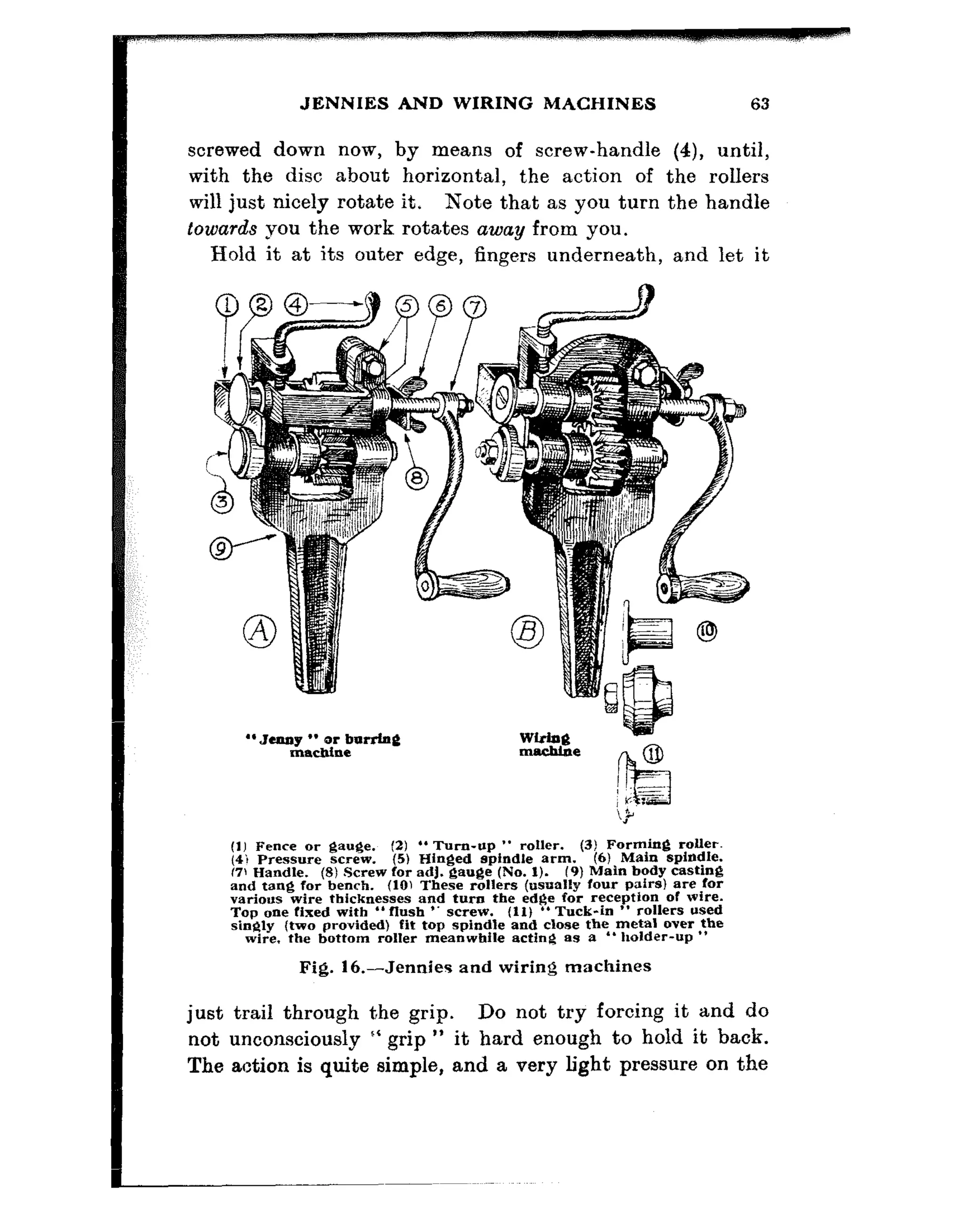 JENNIES AND WIRING MACHINES
screwed down now, by means of screw-handle (a), until,
with the disc about horizontal, the action of the rollers
will just nicely rotate it. Note that as you turn the handle
towards you the work rotates away from you.
Hold it at its outer edge, fingers underneath, and let it
(1) genre or gauge. (2) “Turn-up ‘* roller. (3) Forming roller.
(4i Pressure screw. (5) Hinged spindle arm. (6) Main spindle.
(7) Handle. (8) Screw for ad]. gauge (No. 1). (9) Main body casting
and tang for bench. (101 These rollers (usually four pairs) an? for
various wire thicknesses and turn the edge for reception Of Wire.
Top ozw fixed with “flush ‘. SCIWV. (11) ‘* Tuck-in ” rollers used
singly (two provided) fit top spindle and close the metZil DYW the
wire, the bottom roller meanwhile acting as B “ bolder-up ”
Fig. 16.-Jennies and wiring machines
just trail through the grip. Do not try forcing it and do
not unconsciously “ grip ” it hard enough to hold it back.
The action is quite simple, and a very light pressure on the
 