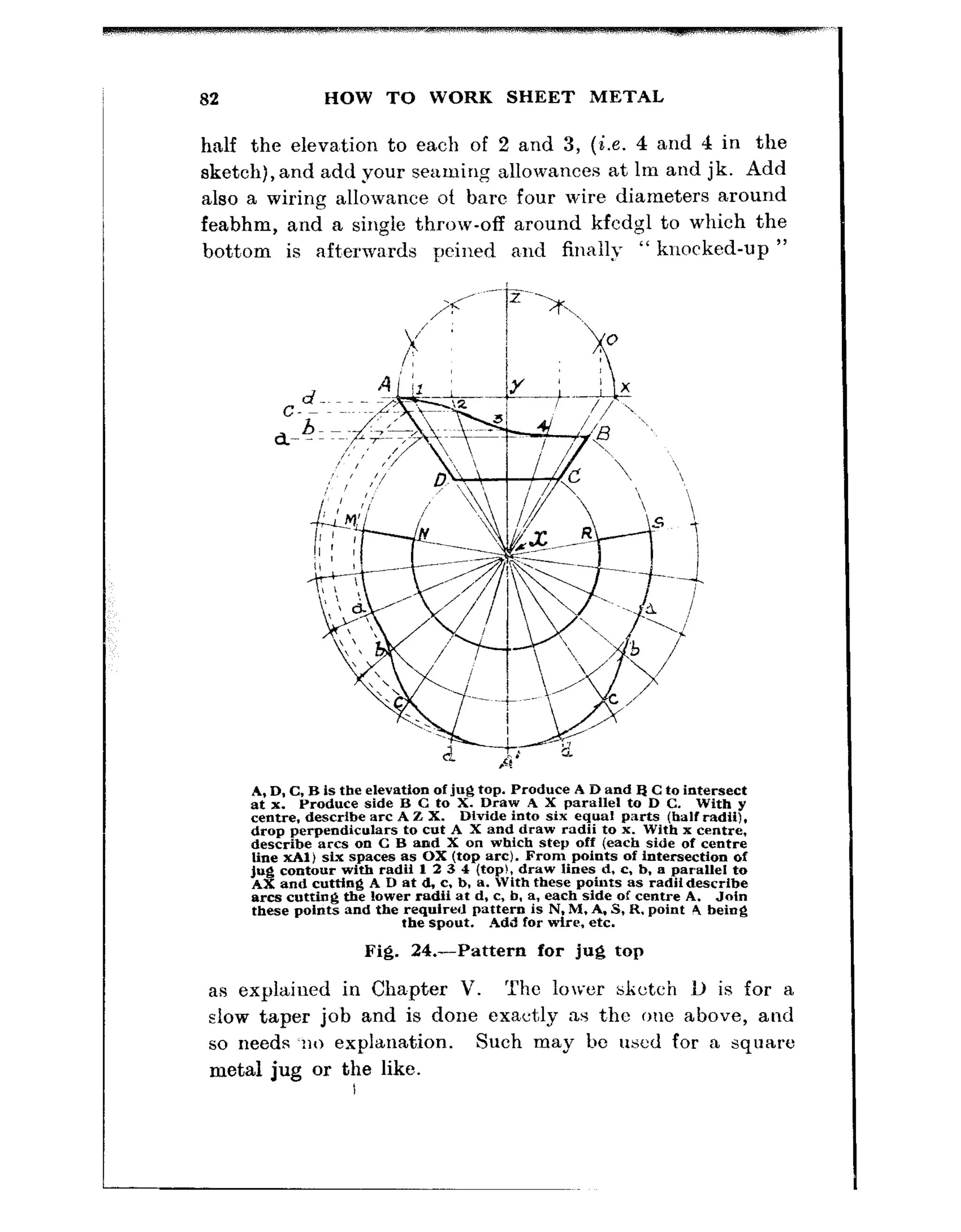 a2 HOW TO WORK SHEET METAL
half the eleva,tion to each of 2 and 3, (i.e. 4 and 4 in the
sketch), and add your seaming allowances at lm and jk. Add
also a wiring allowance ot bare four wire diameters around
feabhm, and a single throw-off around kfcdgl to which the
bott.om is aft,erwards pcined a,nd finally “ knocked-up ”
A, D, C, B is the elevation of jug top. Produce A D and E C to intersect
at x. Produce side B C to X. Draw A X parallel to D C. With y
centre, describe arc A 2 X. Divide into six equal parts (half radii).
drop perpendiculars to cut A X and draw radii to x. With x centre,
describe arcs on C B and X on which step off (each side of centre
line xA1) six spaces as OX (top arc). From points of intersection of
jug contour with radii 1 2 3 S (top!, draw lines d, c, b. a parallel to
AX and cutting A D at d, c. b, a. With these points as radiidescribe
arcs cutting the lower radii at d. C, b, a, each side of centre A, Join
these points and the required pattern is N. M. A. S, H. point 4 being
the spout. Add for wire, etc.
Fig. 24.-Pattern for jug top
as explaiued in Chapter V. The lower sketch U is for a
slow taper job and is done exactly as t,he one above, and
so needs .XO explanation. Such may bc used for a square
metal jug or the like.
I
 