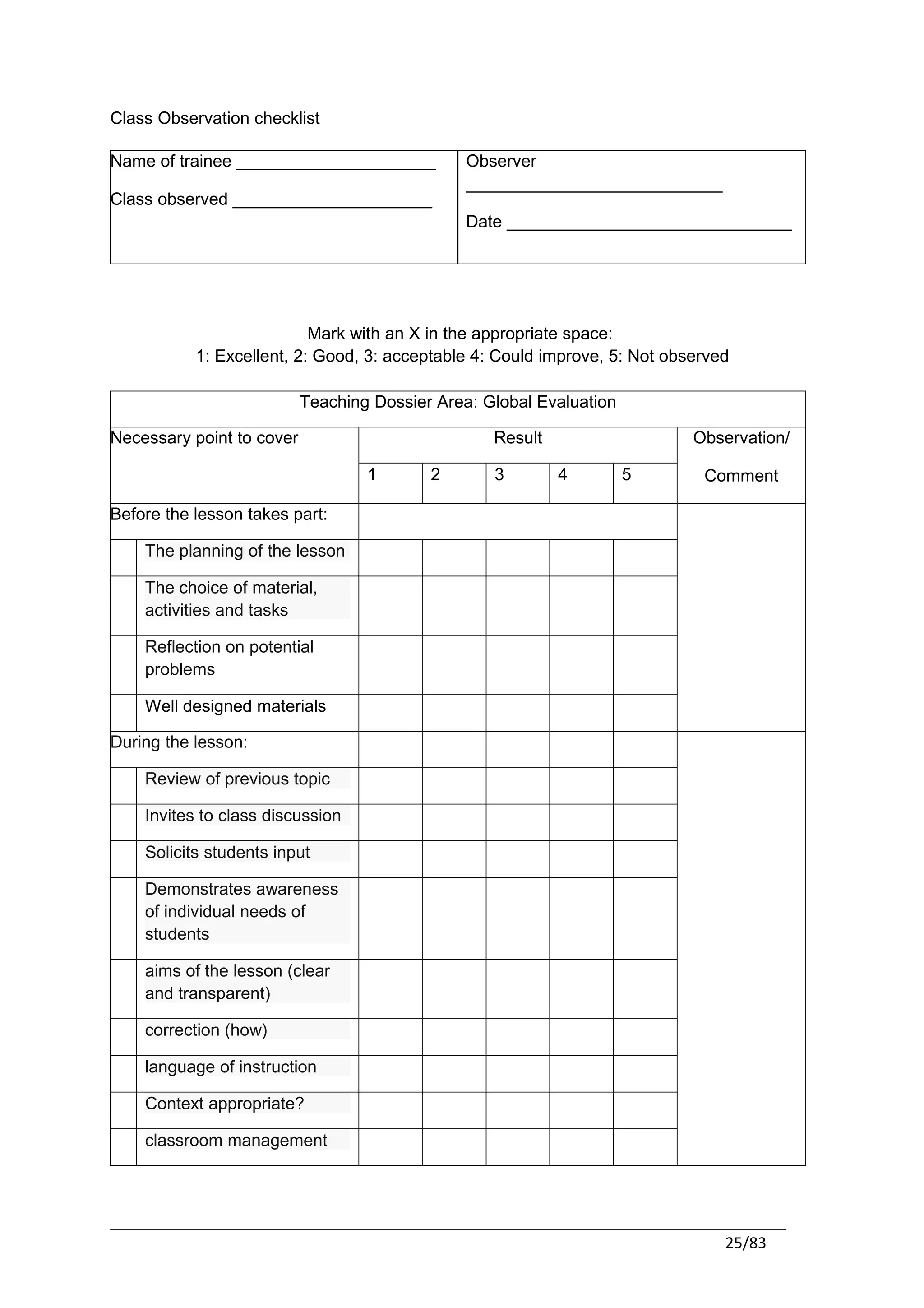 Class Observation checklist

Name of trainee _____________________           Observer
                                                ___________________________
Class observed _____________________
                                                Date ______________________________




                           Mark with an X in the appropriate space:
           1: Excellent, 2: Good, 3: acceptable 4: Could improve, 5: Not observed

                           Teaching Dossier Area: Global Evaluation

Necessary point to cover                           Result                   Observation/

                                   1       2       3        4         5      Comment

Before the lesson takes part:

    The planning of the lesson

    The choice of material,
    activities and tasks

    Reflection on potential
    problems

    Well designed materials

During the lesson:

    Review of previous topic

    Invites to class discussion

    Solicits students input

    Demonstrates awareness
    of individual needs of
    students

    aims of the lesson (clear
    and transparent)

    correction (how)

    language of instruction

    Context appropriate?

    classroom management




                                                                                25/83
 