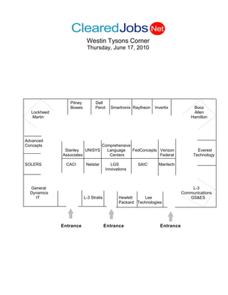 Westin Tysons Corner
                          Thursday, June 17, 2010




                Pitney         Dell
                Bowes          Perot     Smartronix Raytheon   Invertix           Booz
  Lockheed                                                                        Allen
   Martin                                                                        Hamilton




Advanced
Concepts                            Comprehensive
              Stanley   UNISYS        Language    FedConcepts Verizon               Everest
             Associates                Centers                Federal             Technology

SOLERS         CACI       Netstar         LGS         SAIC       Mantech
                                       Innovations



  General                                                                        L-3
  Dynamics                                                                   Communications
    IT                   L-3 Stratis          Hewlett    Lee                    GS&ES
                                              Packard Technologies




             Entrance                  Entrance                   Entrance
 