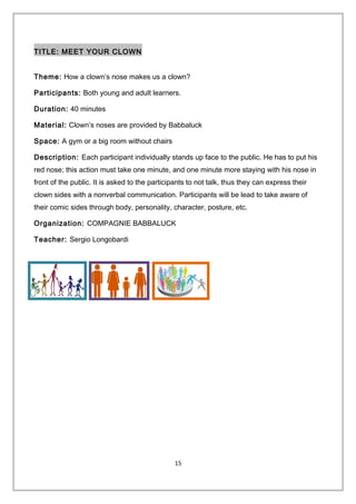 TITLE: MEET YOUR CLOWN
Theme: How a clown’s nose makes us a clown?
Participants: Both young and adult learners.
Duration: 40 minutes
Material: Clown’s noses are provided by Babbaluck
Space: A gym or a big room without chairs
Description: Each participant individually stands up face to the public. He has to put his
red nose; this action must take one minute, and one minute more staying with his nose in
front of the public. It is asked to the participants to not talk, thus they can express their
clown sides with a nonverbal communication. Participants will be lead to take aware of
their comic sides through body, personality, character, posture, etc.
Organization: COMPAGNIE BABBALUCK
Teacher: Sergio Longobardi
15
 