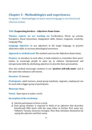 11
Chapter 2 - Methodologies and experiences.
Paragraph 1Paragraph 1Paragraph 1Paragraph 1---- Methodologies to teach second language in non formal andMethodologies to teach second language in non formal andMethodologies to teach second language in non formal andMethodologies to teach second language in non formal and
informal contextinformal contextinformal contextinformal context....
Title: Evaporating borders – Adjectives Name Game
Themes, aspects we are working on: Ice-Breakers, Warm up activity,
Energizers, Social Interaction, Imagination skills, Humor, Linguistic creativity,
Language Play.
Language objective: to use adjectives in the target language, to practise
alliterative skills, to increase phonological awareness.
Approach or method used: The method used was the Adjectives Name Game.
Purpose: to introduce to each other, to help students to remember their peers’
names, to encourage people to open up, to enhance interpersonal and
intrapersonal skills by attributing adjectives to describe their personalities.
Also, this method encourages students to use “positive self-talk name” and at
the same time enhances self-esteem.
Duration: 15 minutes
Participants: adult learners, mixed group (students, migrants, employees) can
be used with a bigger group of participants.
Materials: None.
Venue: Open space to make a circle.
Description of the workshop:
1. Ask the participants to form a circle.
2. Each group member is required to think of an adjective that describes
him/herself AND starts with the same letter as his/her first name (ex:
Talkative Tasoula, Generous Georgia). Then they introduce themselves by
saying the adjective and their name.
 