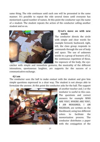 17
same thing. The ride continues until each one will be presented in the same
manner. It’s possible to repeat the ride several times until everyone has
memorized a good number of names. At this point the conductor says the name
of a student. The student repeats the action of the conductor calling another
student and so on.
3) Let's move on with new
words
The conductor directs the circle
with simple and clear words for
example forward, backward, right,
left; the class group responds to
commands through the use of body
and space. The use of unknown
words to a group of learners of L2,
the continuous repetition of these,
the exposure of the body, the eye-
catcher with simple and immediate gestures, the musicality of the different
intonations, spontaneous laughter, are supports for the success of a
communicative exchange.
4) I am
The conductor uses the ball to make contact with the student and give him
simple questions expressed in a clear way. The student is not always able to
formulate the answer. At this point the conductor asks for the ball. The support
of another teacher and / or the
mediator is useful in this case.
The questions and correct
answers for example WHO
ARE YOU?, WHERE ARE YOU?,
I AM MOHAMED, I AM
NIGERIAN, are written on the
blackboard, using two different
colors to facilitate the
memorization process. The
conductor distributes a paper
with the conjugation of the
 