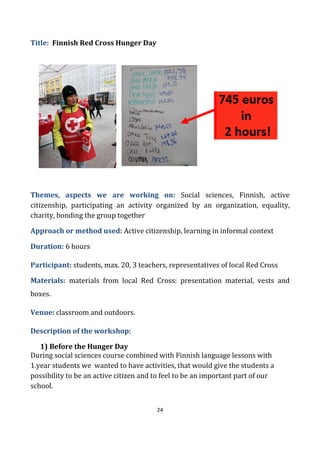 24
Title: Finnish Red Cross Hunger Day
Themes, aspects we are working on: Social sciences, Finnish, active
citizenship, participating an activity organized by an organization, equality,
charity, bonding the group together
Approach or method used: Active citizenship, learning in informal context
Duration: 6 hours
Participant: students, max. 20, 3 teachers, representatives of local Red Cross
Materials: materials from local Red Cross: presentation material, vests and
boxes.
Venue: classroom and outdoors.
Description of the workshop:
1) Before the Hunger Day
During social sciences course combined with Finnish language lessons with
1.year students we wanted to have activities, that would give the students a
possibility to be an active citizen and to feel to be an important part of our
school.
 