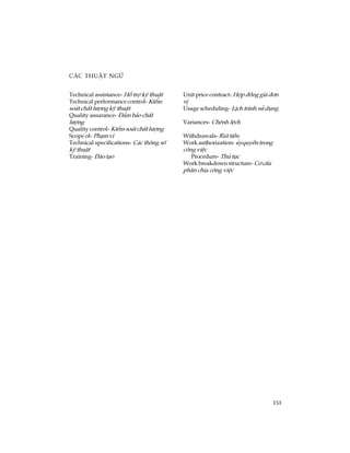 151
C¸c thuËt ng÷
Technical assistance- Hç trî kü thuËt
Technical performance control- KiÓm
so¸t chÊt l­îng kü thuËt
Quality assurance- §¶m b¶o chÊt
l­îng
Quality control- KiÓm so¸t chÊt l­îng
Scope of- Ph¹m vi
Technical specifications- C¸c th«ng sè
kü thuËt
Training- §µo t¹o
Unit price contract- Hîp ®ång gi¸ ®¬n
vÞ
Usage scheduling- LÞch tr×nh sö dông
Variances- Chªnh lÖch
Withdrawals- Rót tiÒn
Work authorization- ñyquyÒn trong
c«ng viÖc
Procedure- Thñ tôc
Work breakdown structure- C¬ cÊu
ph©n chia c«ng viÖc
 